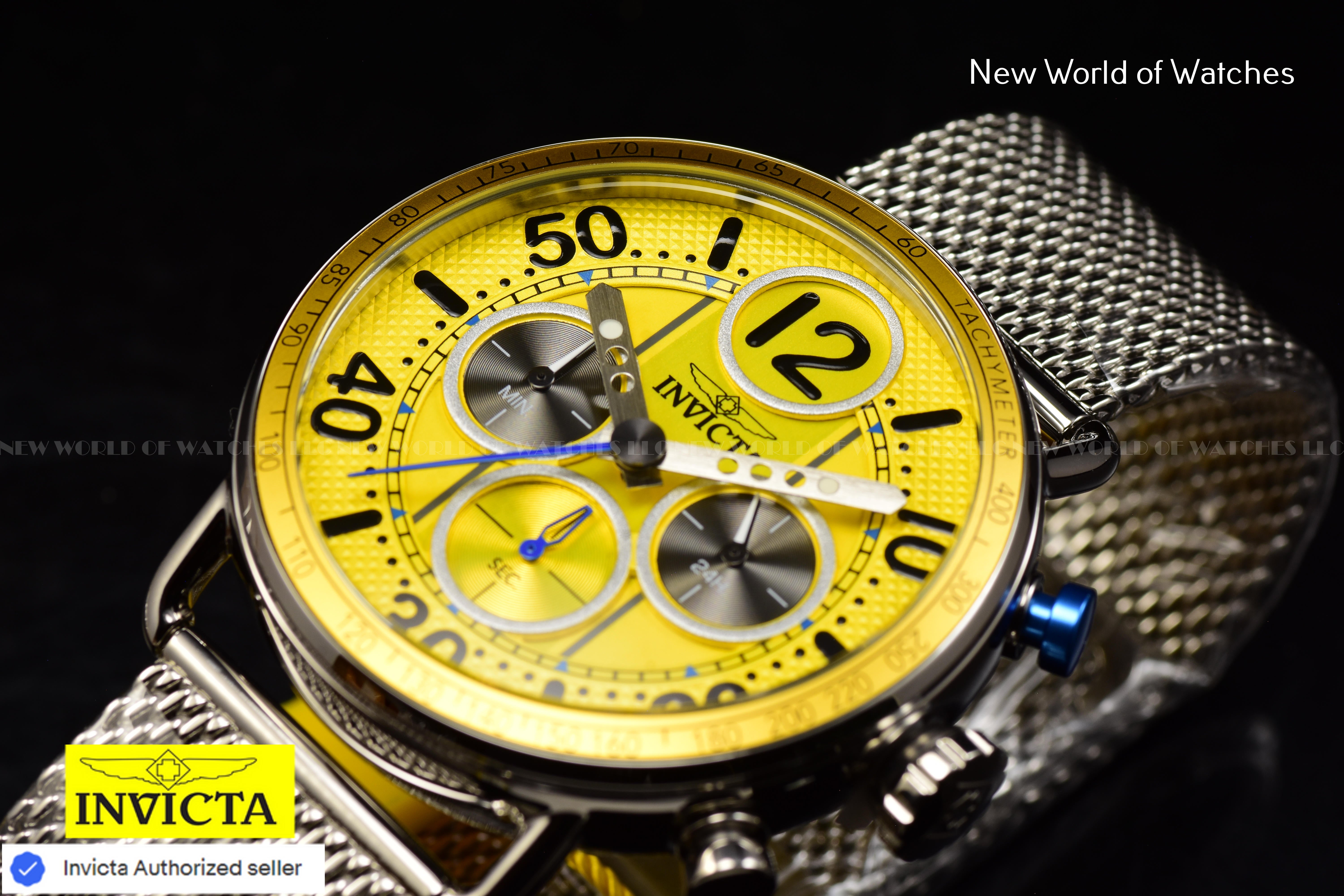 Invicta Mens SPEEDWAY GEARSHIFT 44mm YELLOW Dial Mesh Bracelet Chronograph Watch