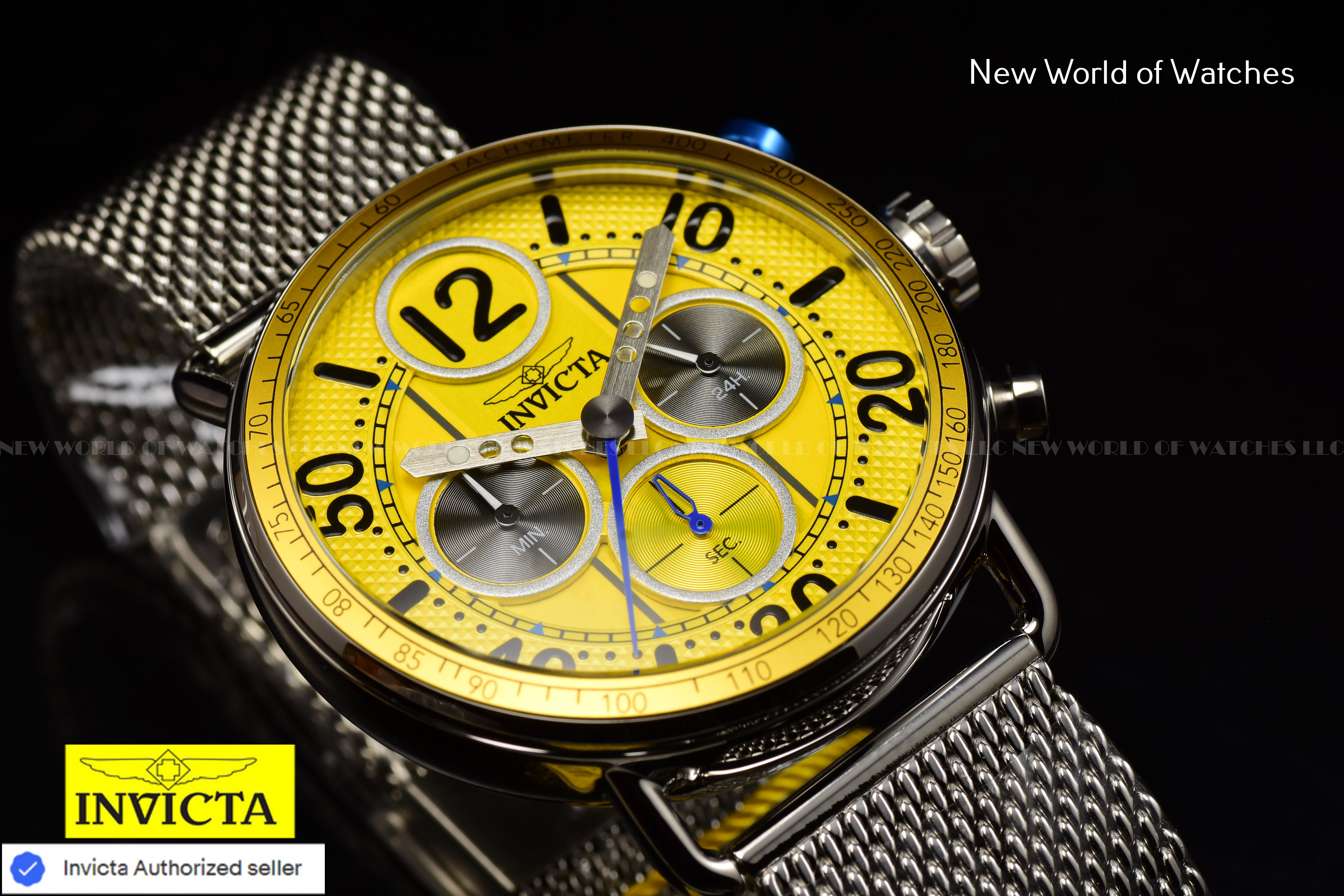 Invicta Mens SPEEDWAY GEARSHIFT 44mm YELLOW Dial Mesh Bracelet Chronograph Watch