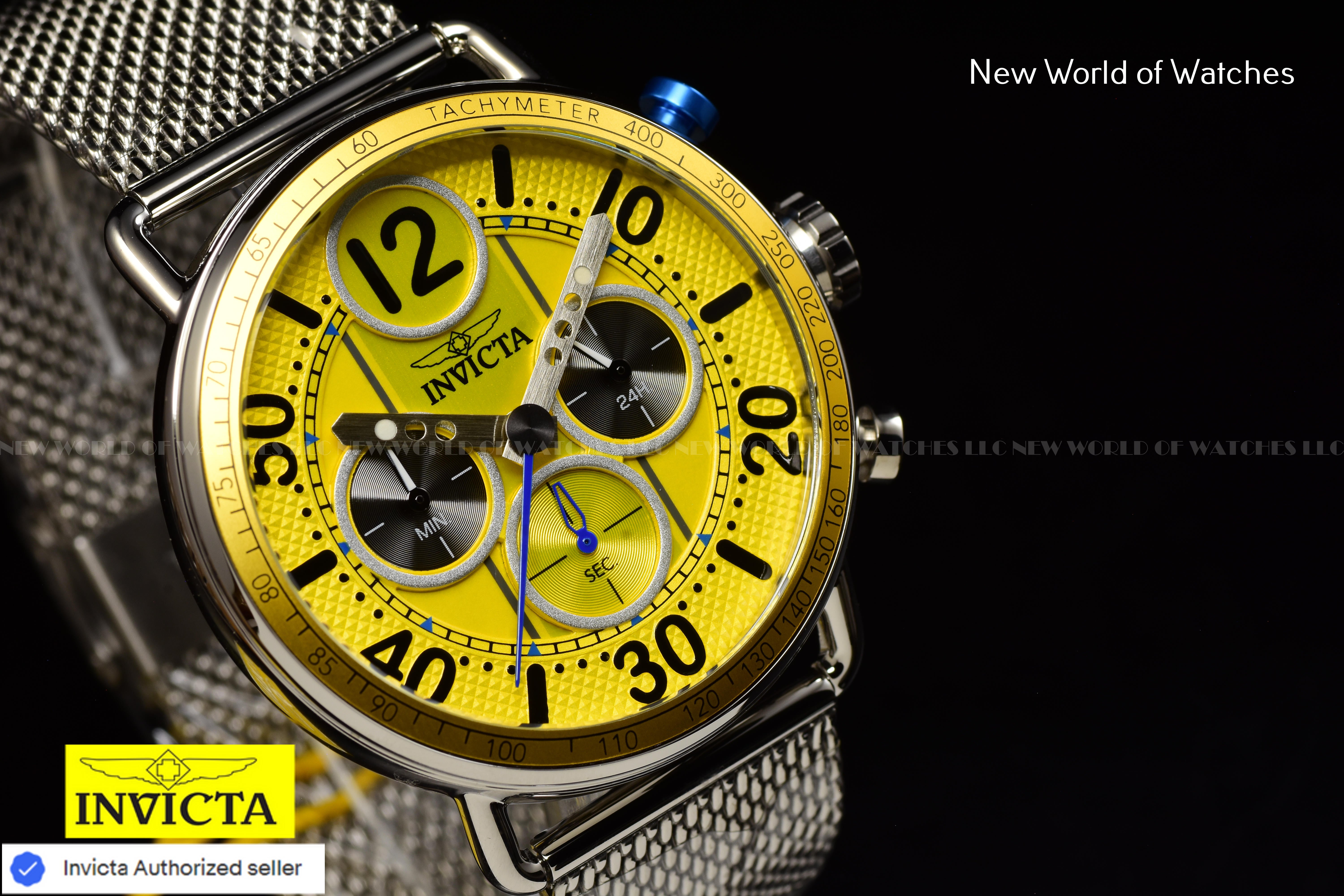 Invicta Mens SPEEDWAY GEARSHIFT 44mm YELLOW Dial Mesh Bracelet Chronograph Watch