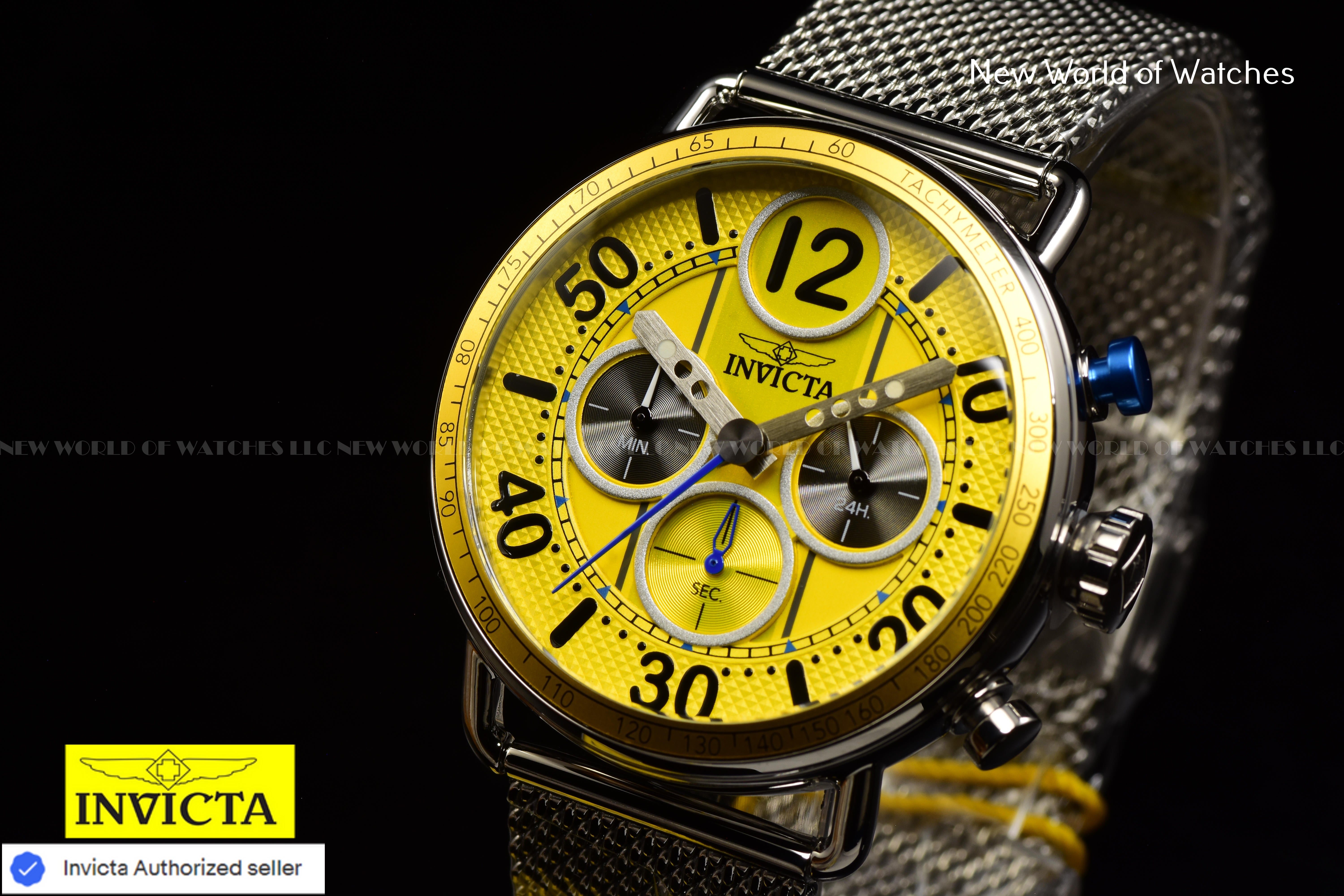 Invicta Mens SPEEDWAY GEARSHIFT 44mm YELLOW Dial Mesh Bracelet Chronograph Watch