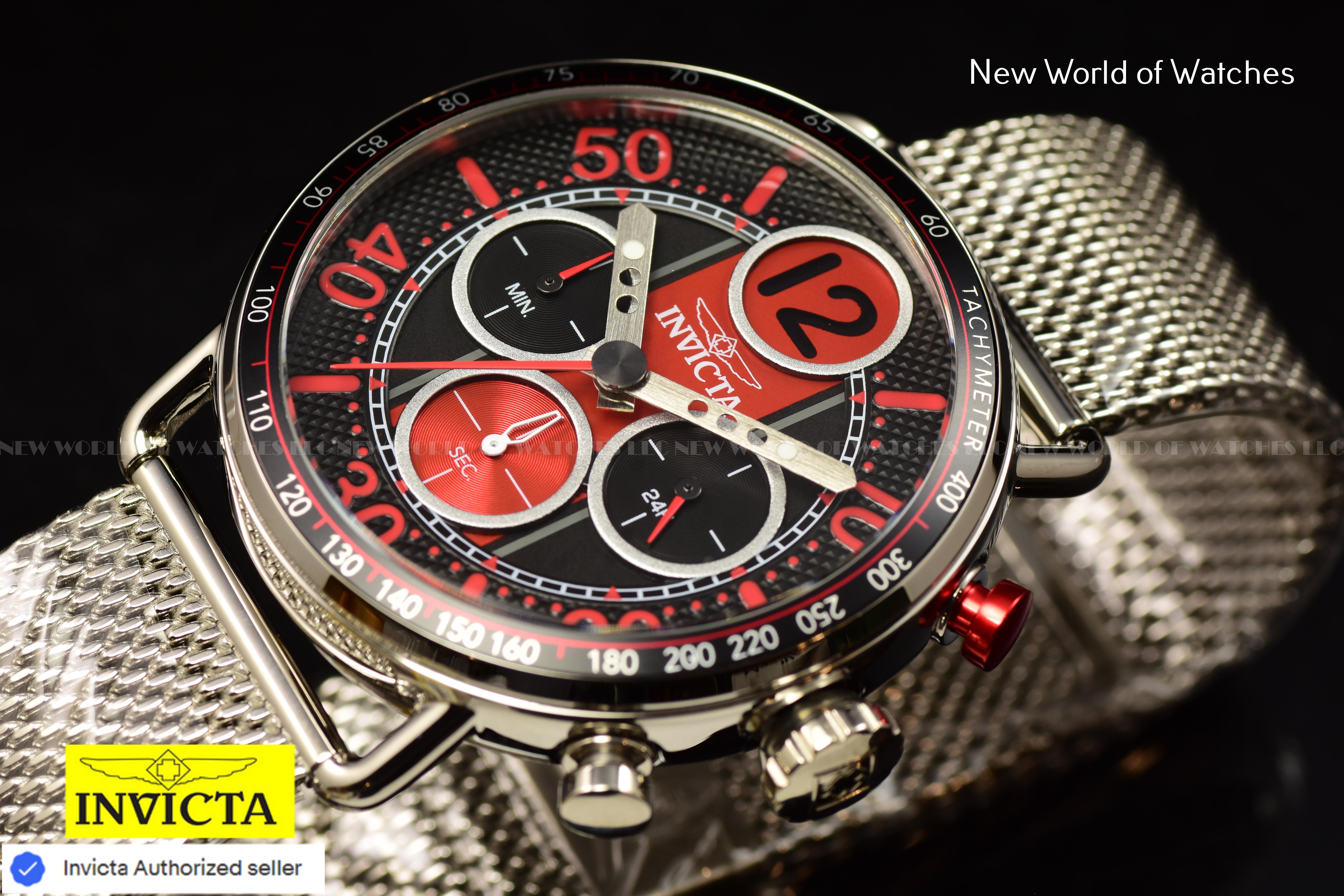 Invicta Mens SPEEDWAY GEARSHIFT RED Dial 44mm Mesh Bracelet Chronograph Watch