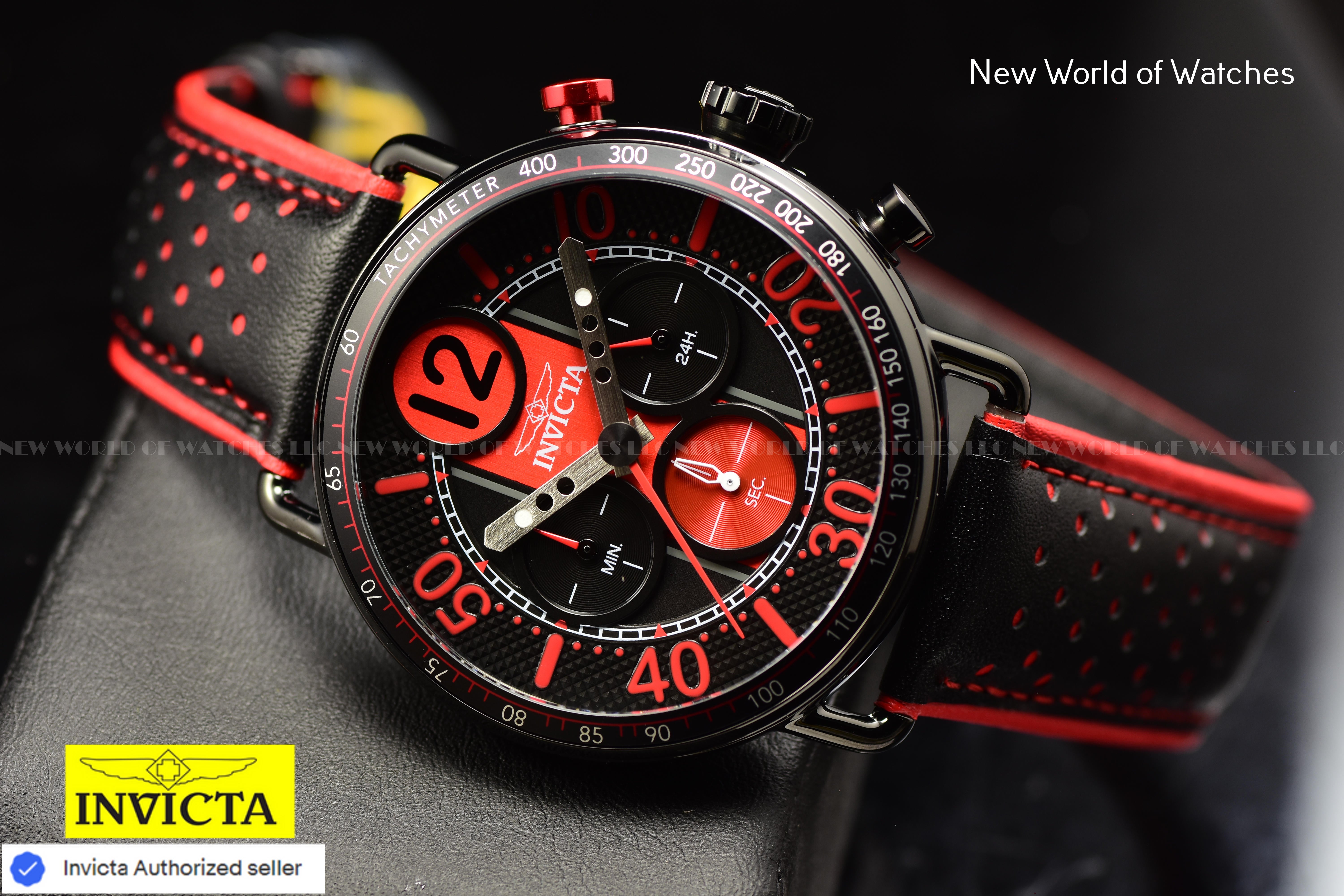 Invicta Men's RACING 44mm Dial Quartz TACHYMETER Geniune Leather RED/BLACK Watch