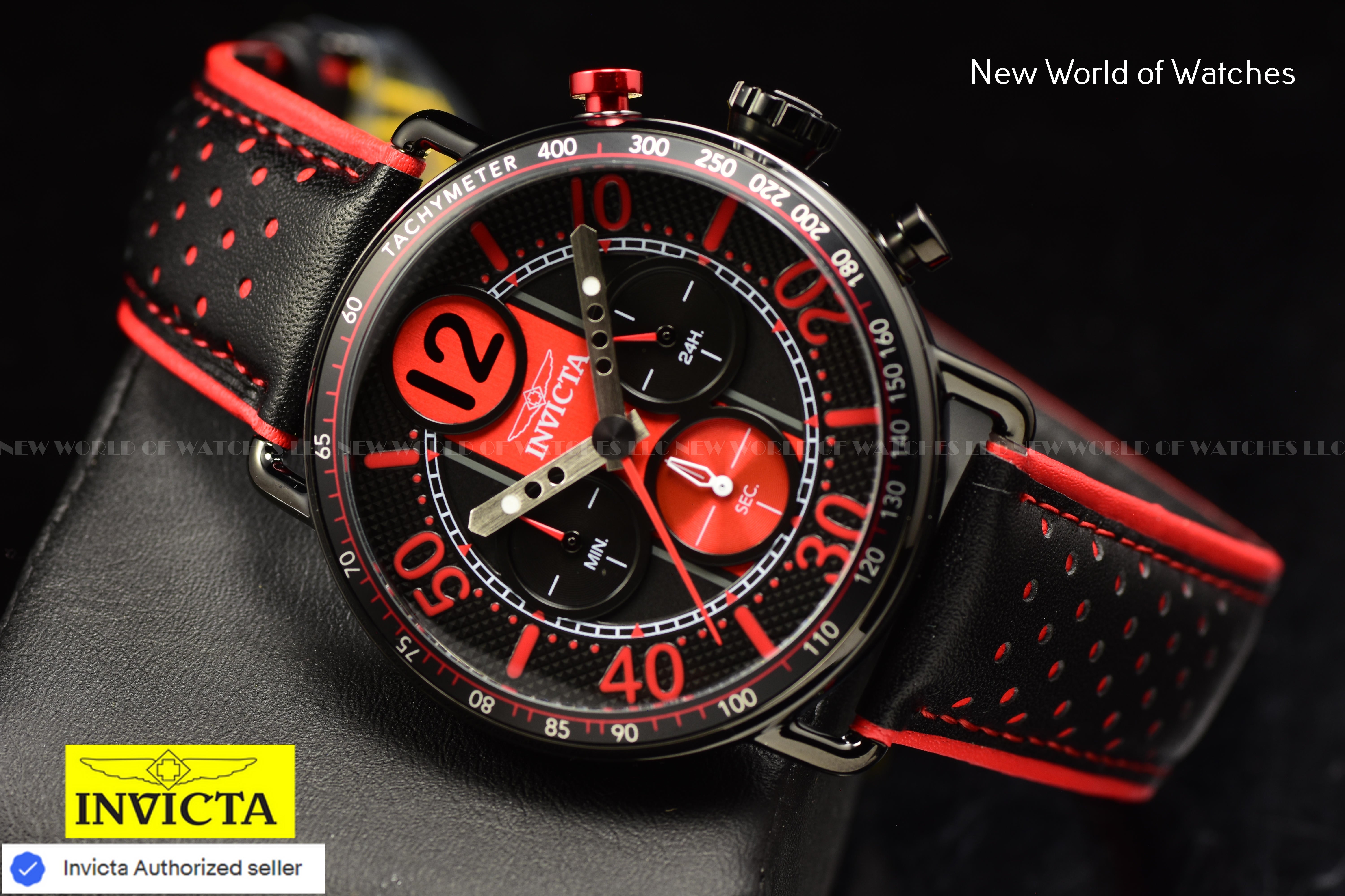 Invicta Men's RACING 44mm Dial Quartz TACHYMETER Geniune Leather RED/BLACK Watch