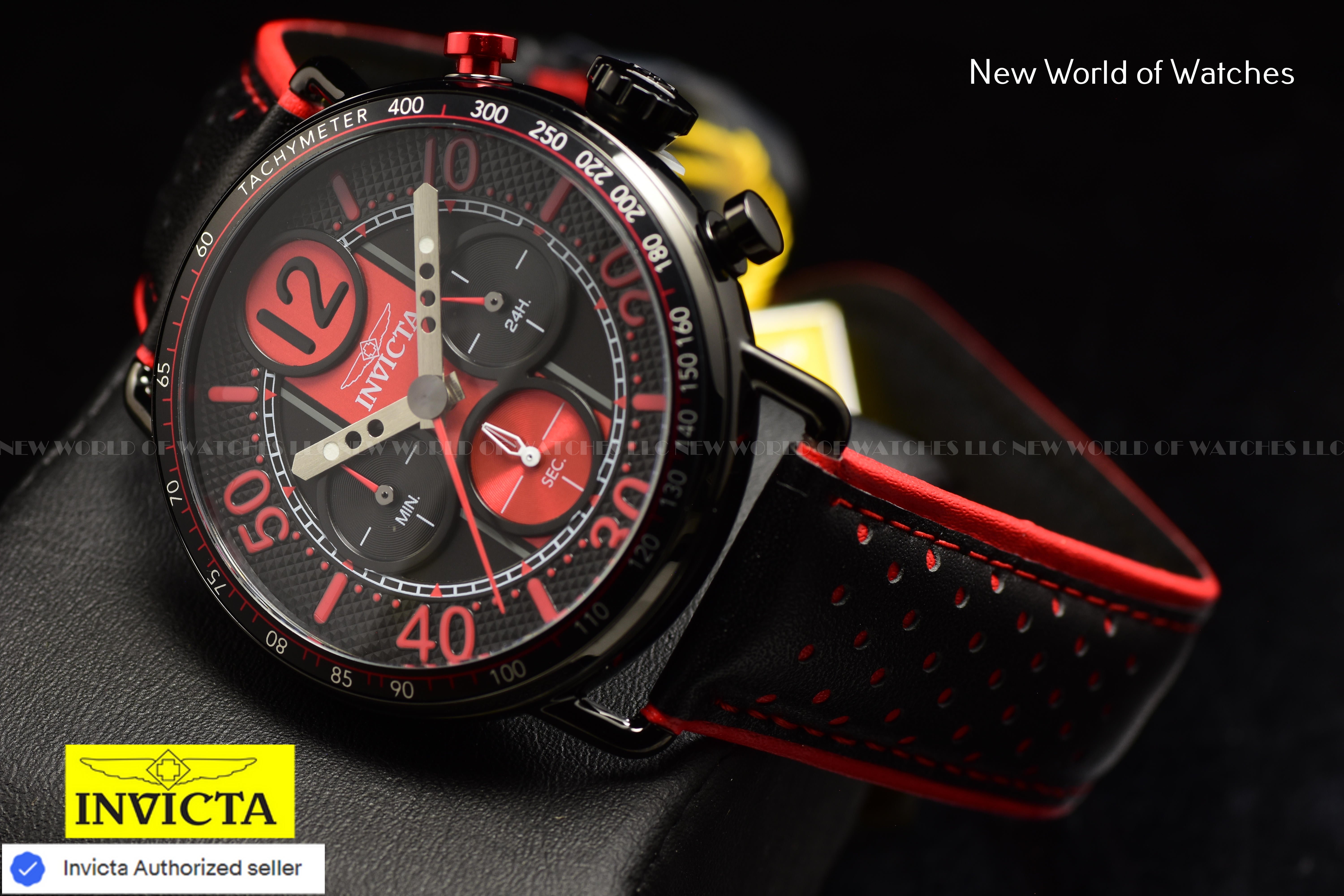 Invicta Men's RACING 44mm Dial Quartz TACHYMETER Geniune Leather RED/BLACK Watch