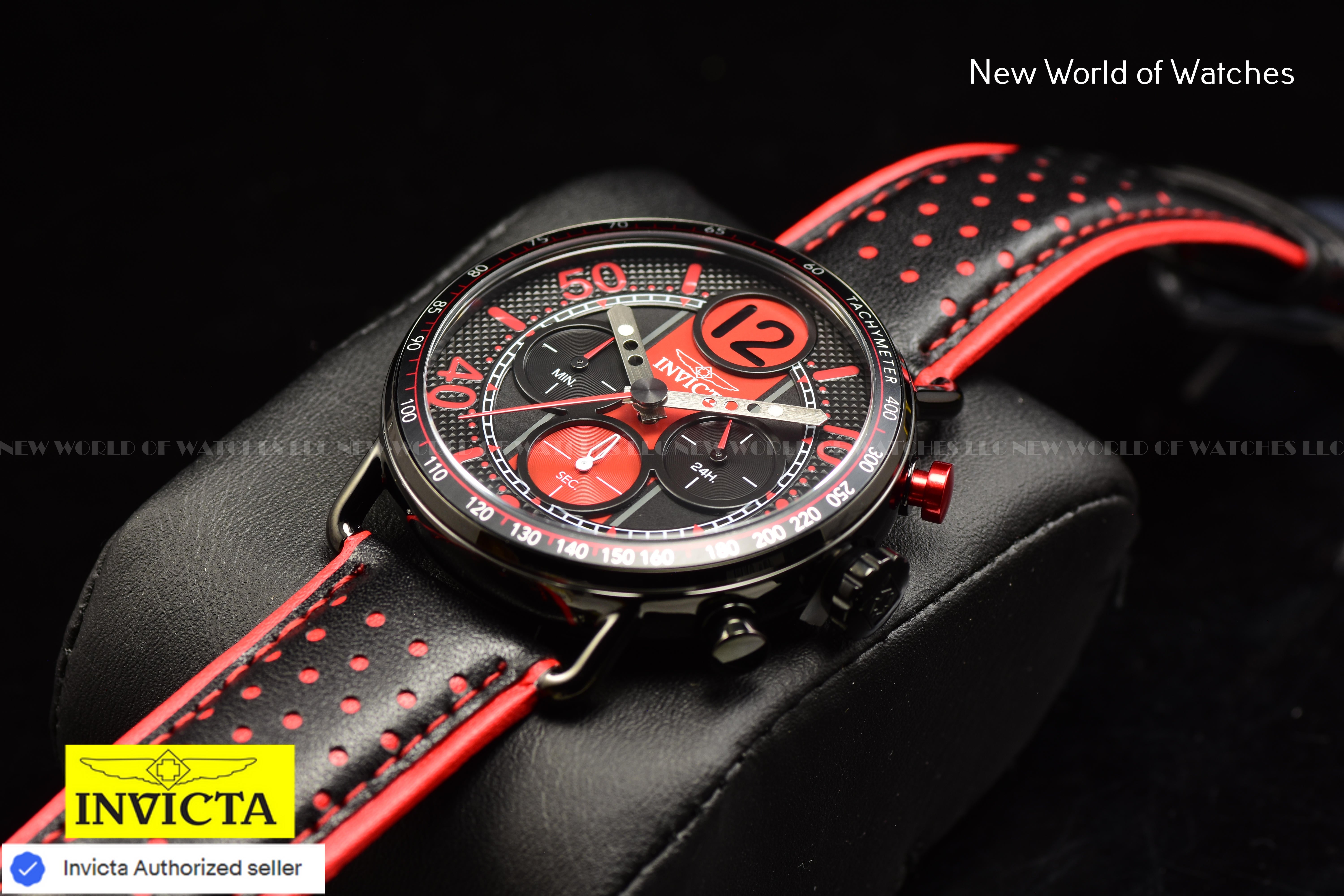 Invicta Men's RACING 44mm Dial Quartz TACHYMETER Geniune Leather RED/BLACK Watch