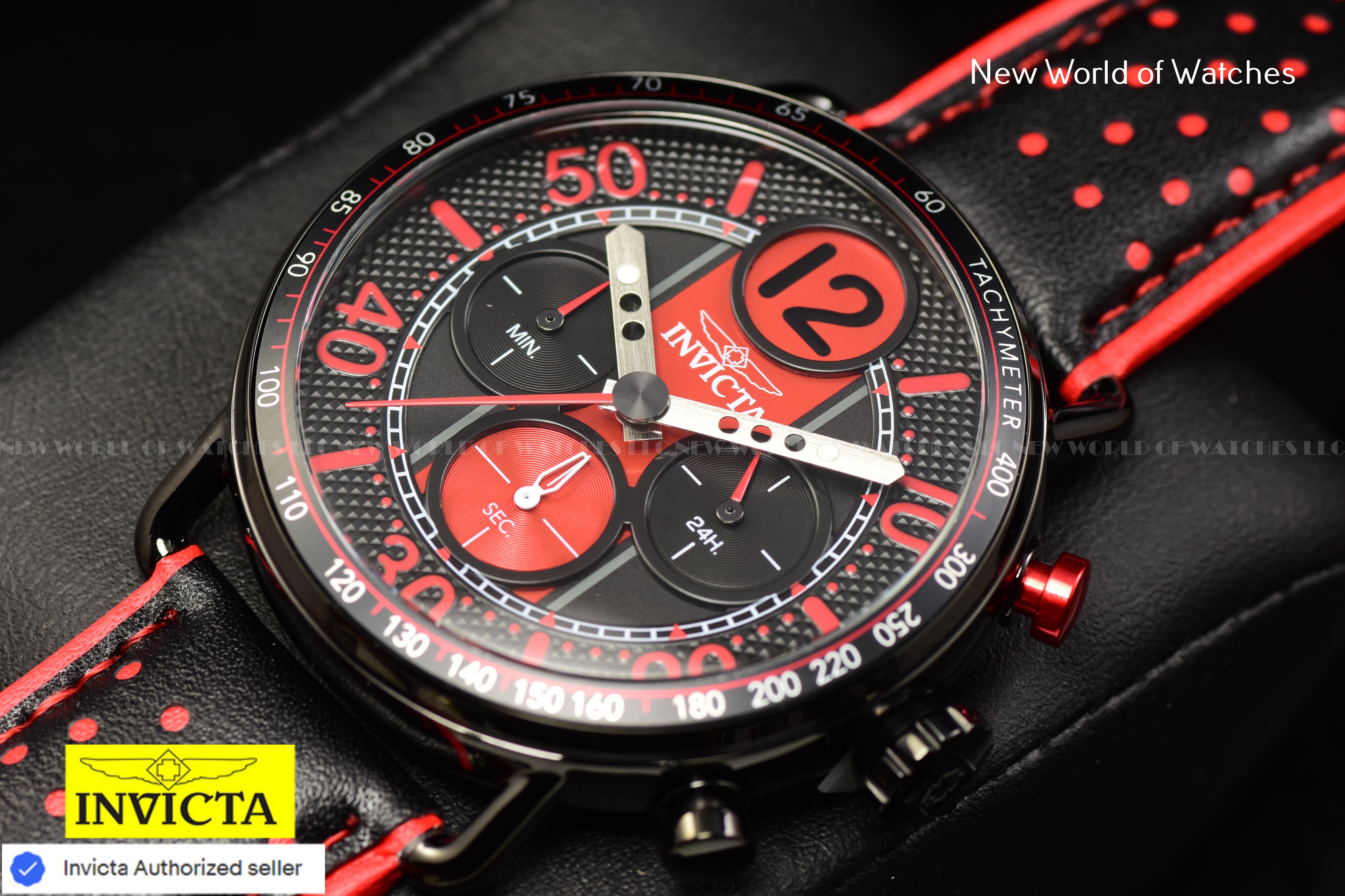 Invicta Men's RACING 44mm Dial Quartz TACHYMETER Geniune Leather RED/BLACK Watch