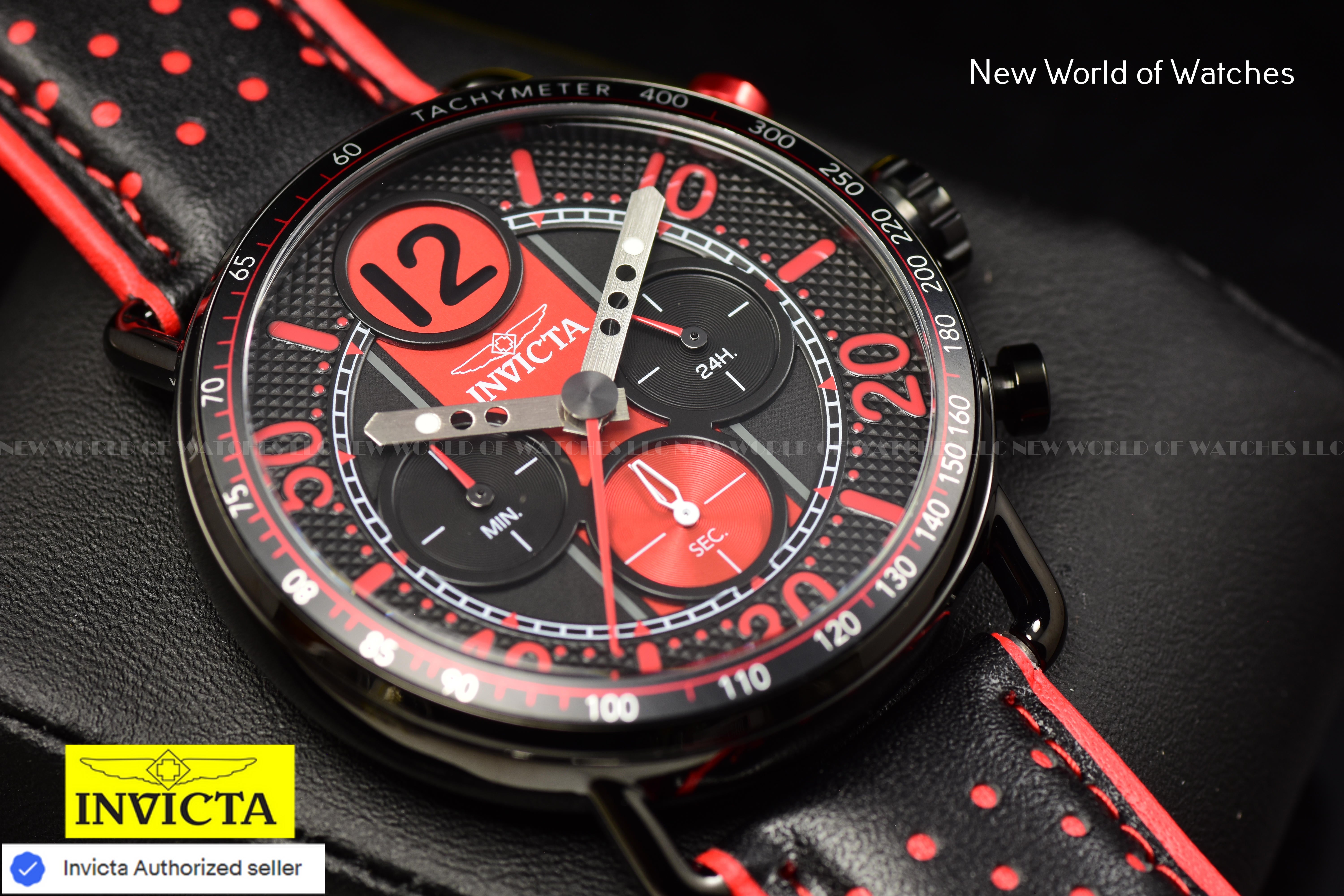 Invicta Men's RACING 44mm Dial Quartz TACHYMETER Geniune Leather RED/BLACK Watch