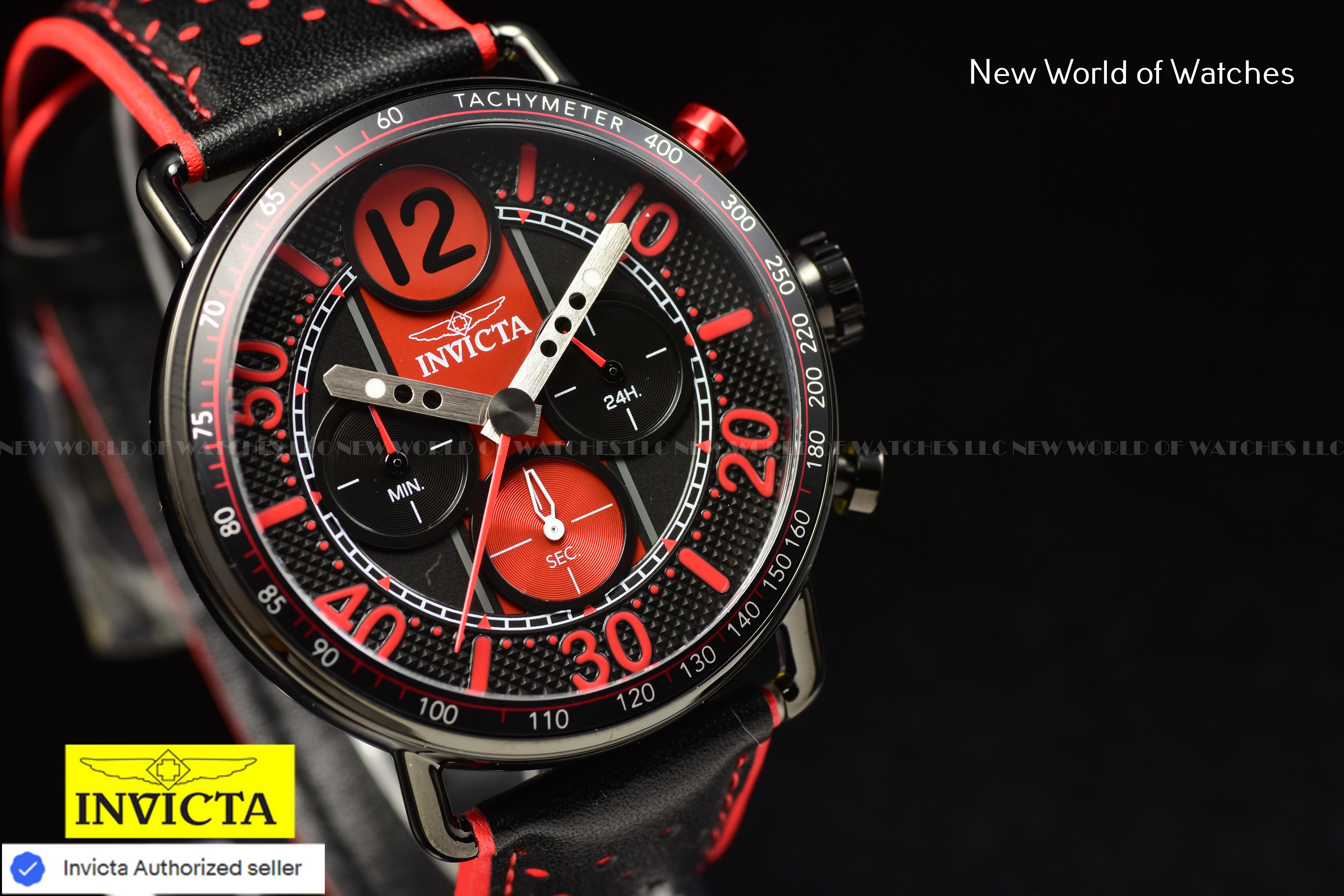 Invicta Men's RACING 44mm Dial Quartz TACHYMETER Geniune Leather RED/BLACK Watch