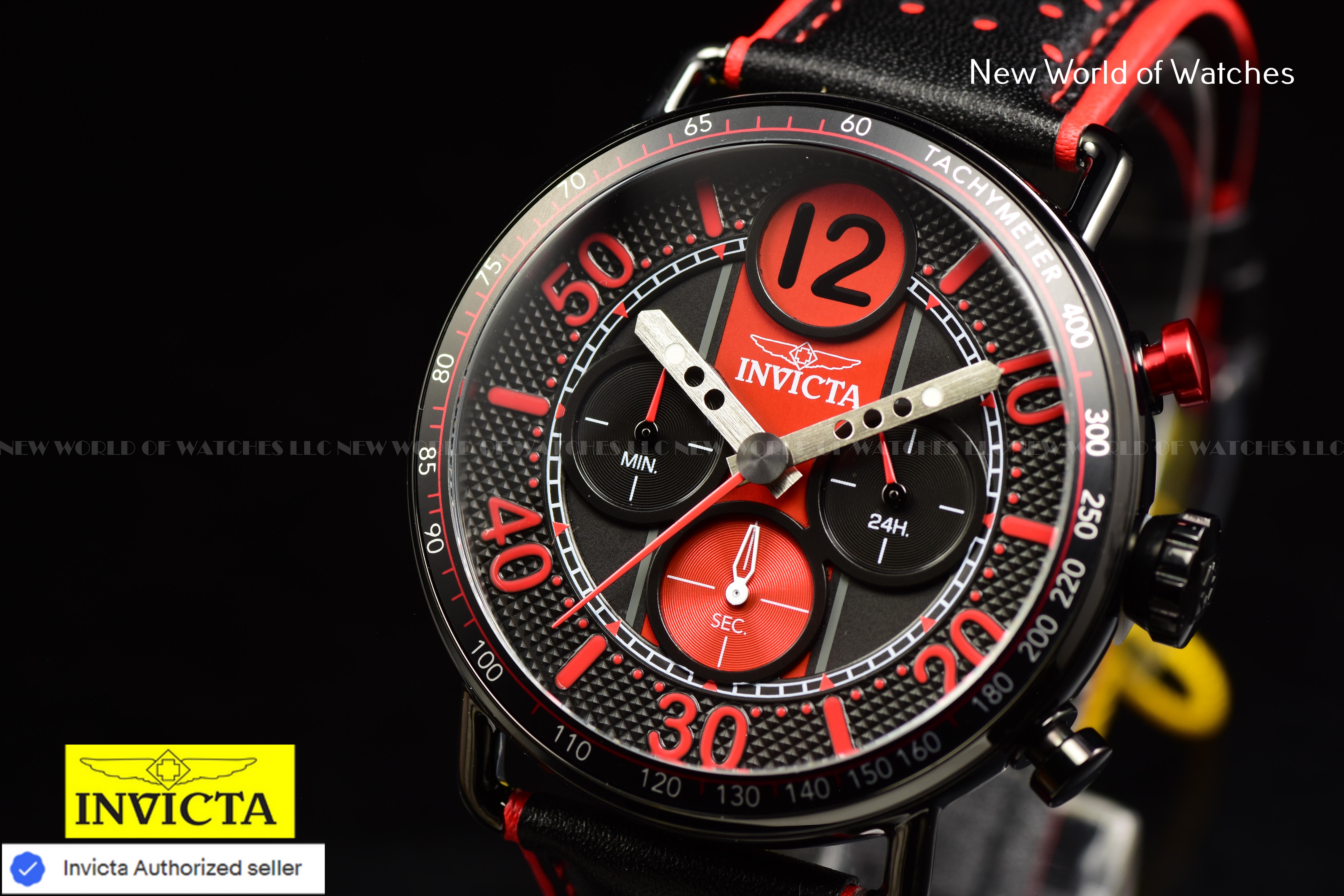 Invicta Men's RACING 44mm Dial Quartz TACHYMETER Geniune Leather RED/BLACK Watch