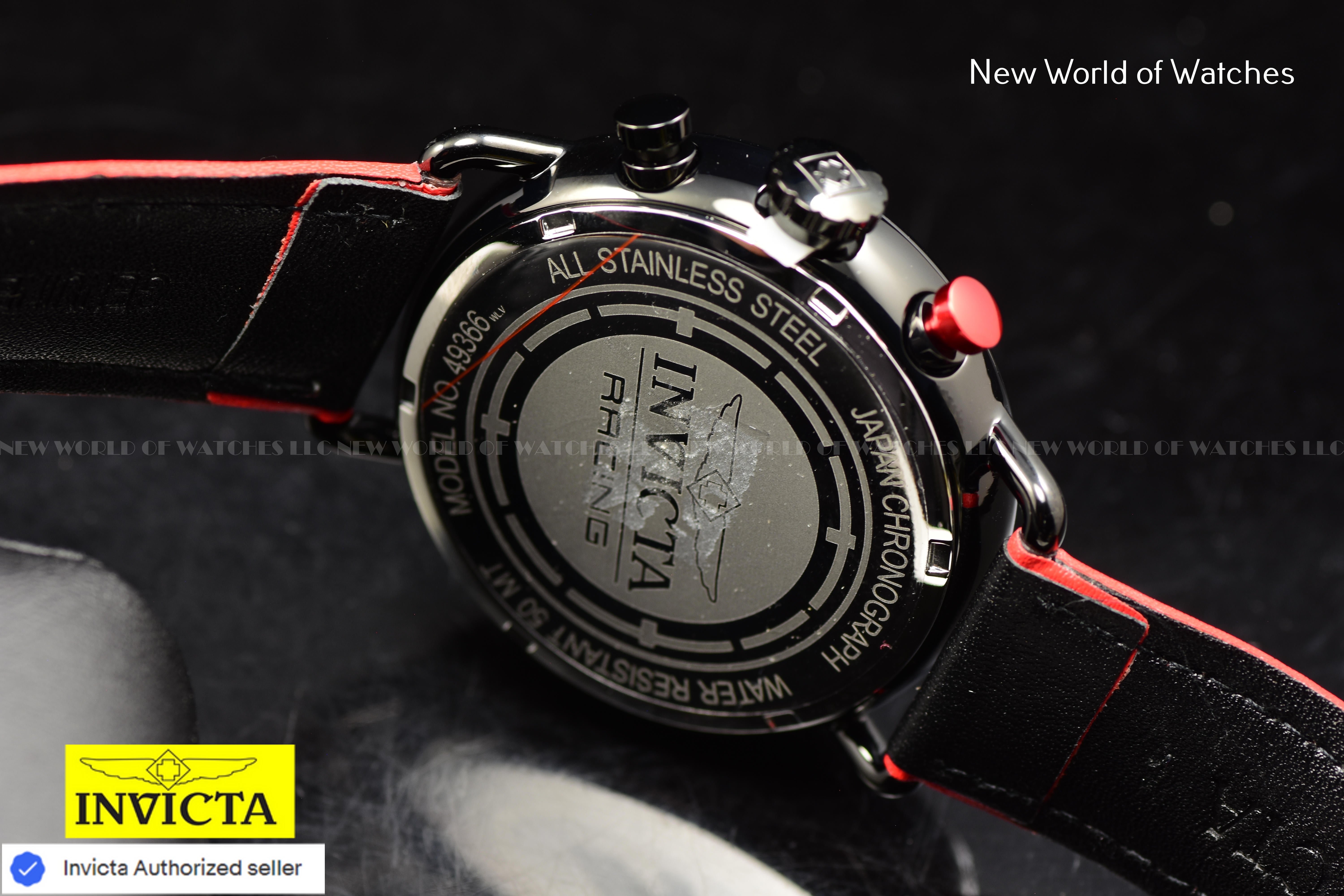 Invicta Men's RACING 44mm Dial Quartz TACHYMETER Geniune Leather RED/BLACK Watch