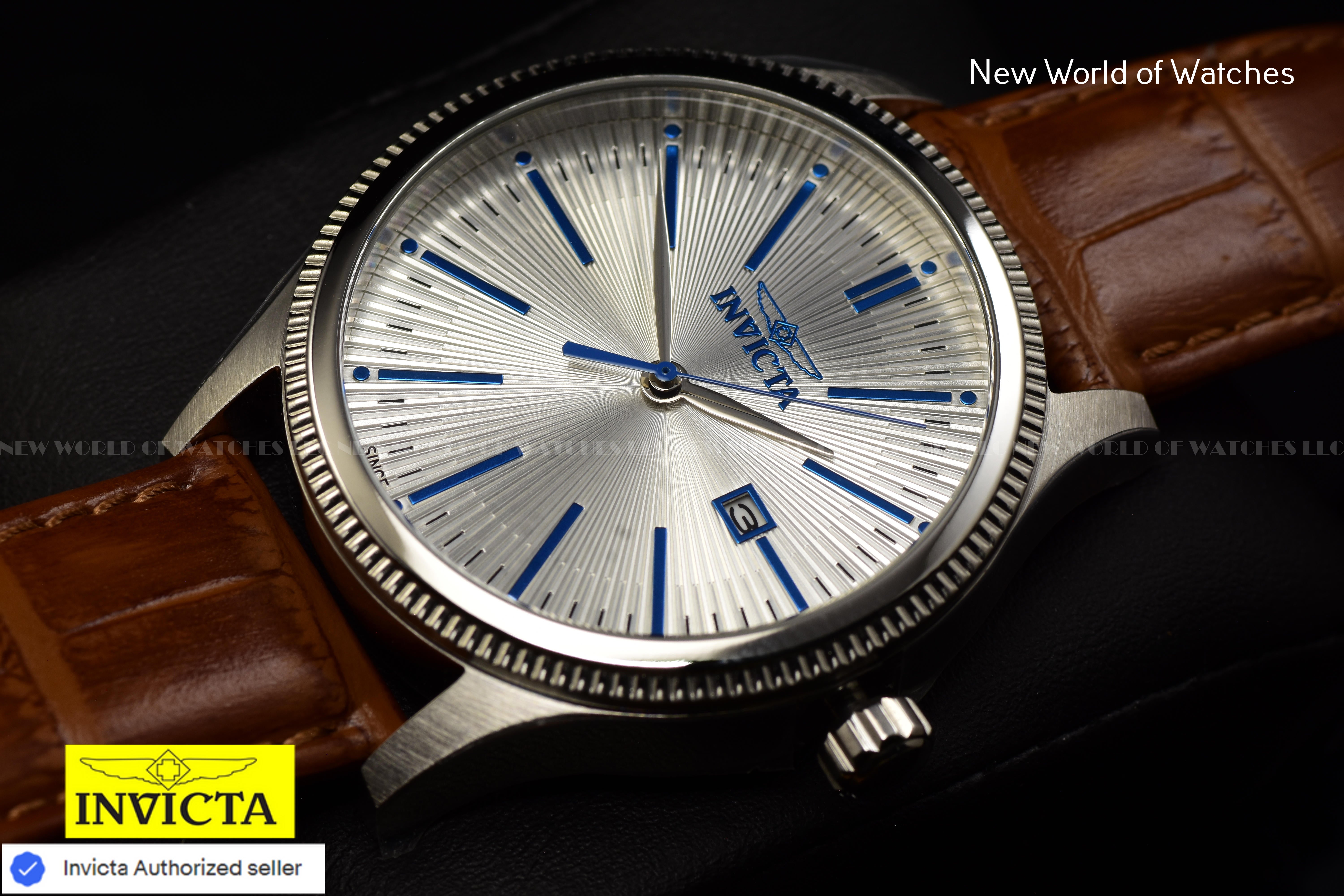 Invicta Men's Celestial Silver Dial Classic Brown Leather Band 43mm Quartz Watch