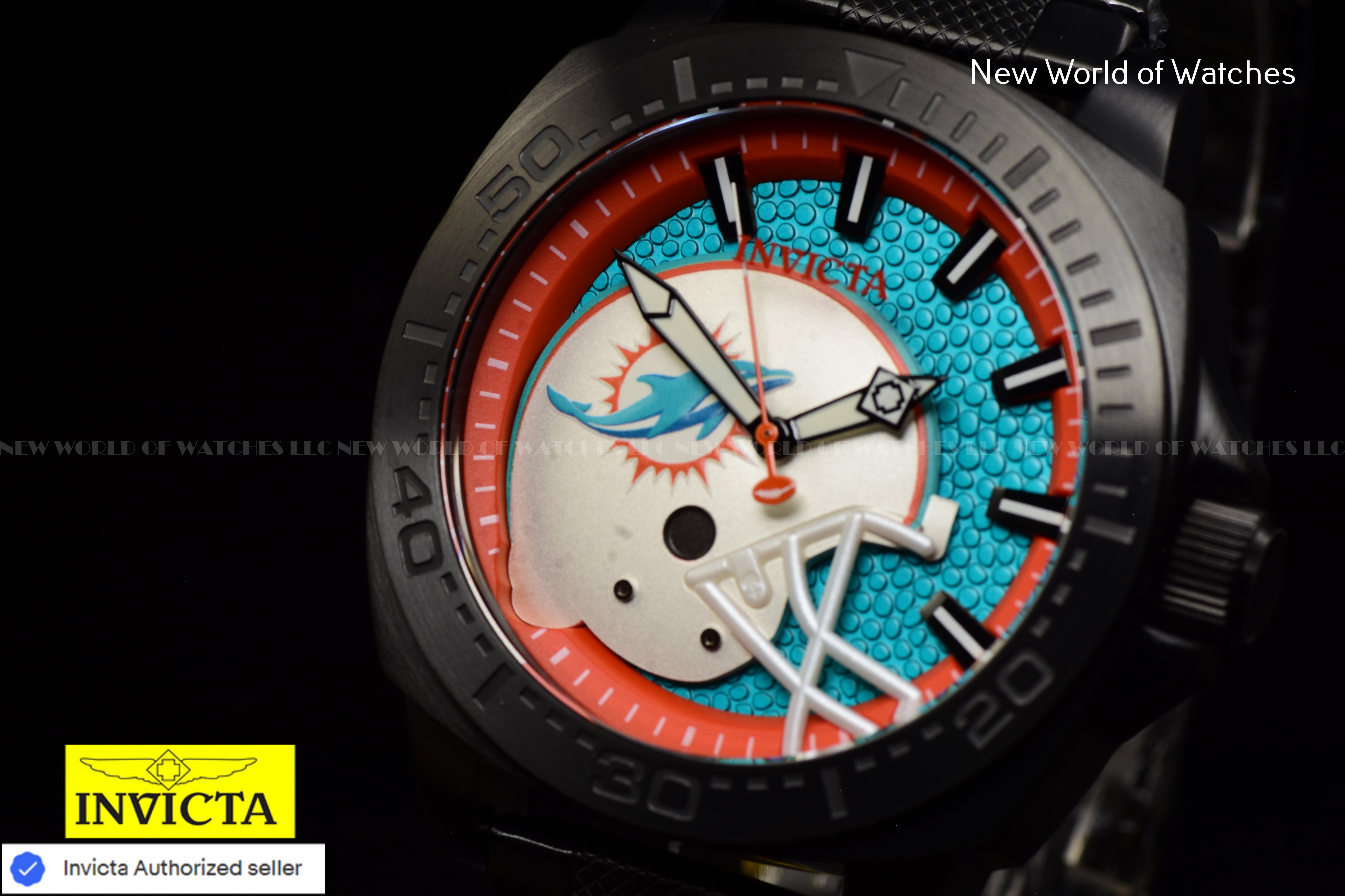 Invicta Men's NFL Miami Dolphins 46mm Light Blue Dial Black Band Quartz Watch