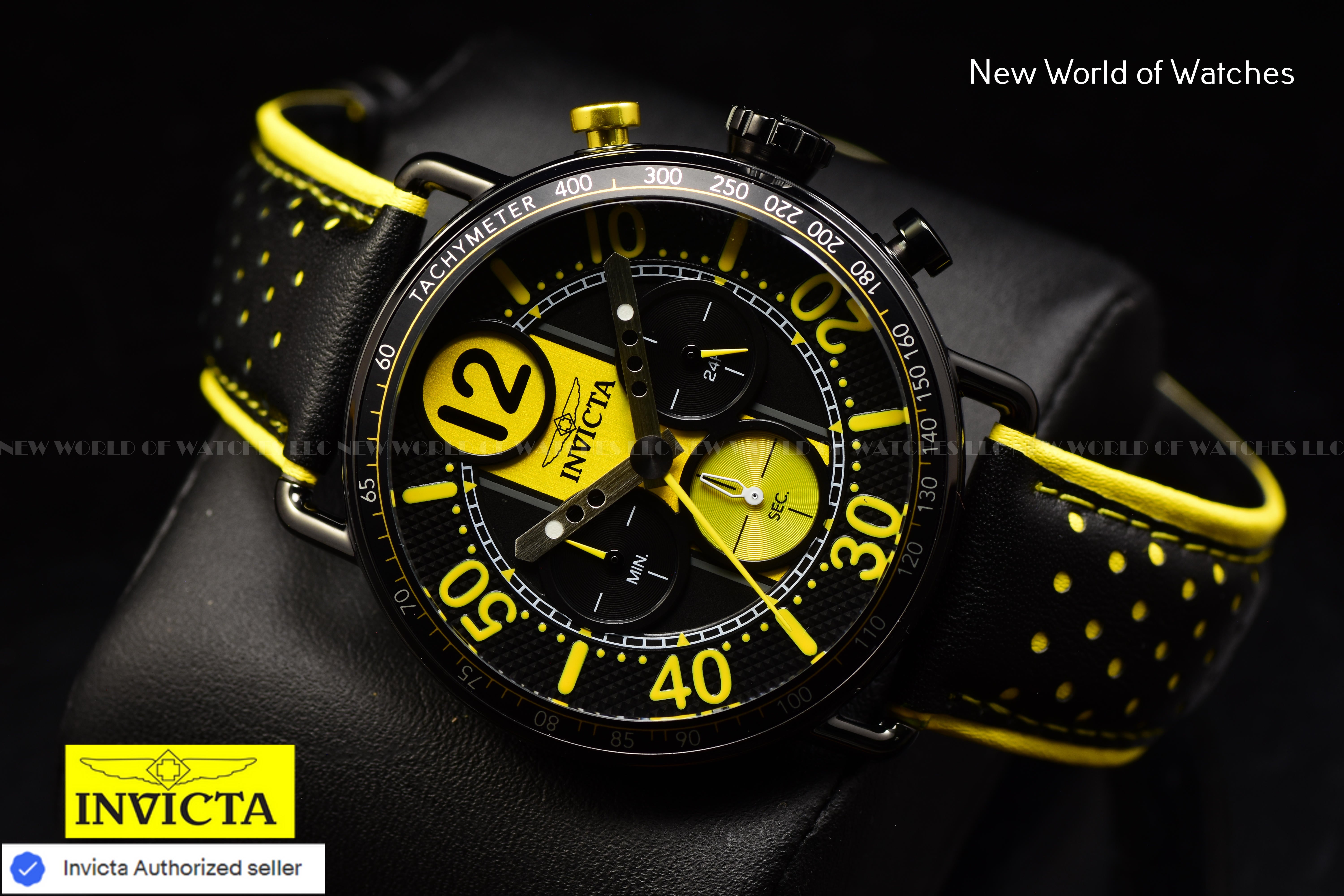 Invicta Men Invicta Racing 44mm Yellow Black Quartz Japan Genuine Leather Watch
