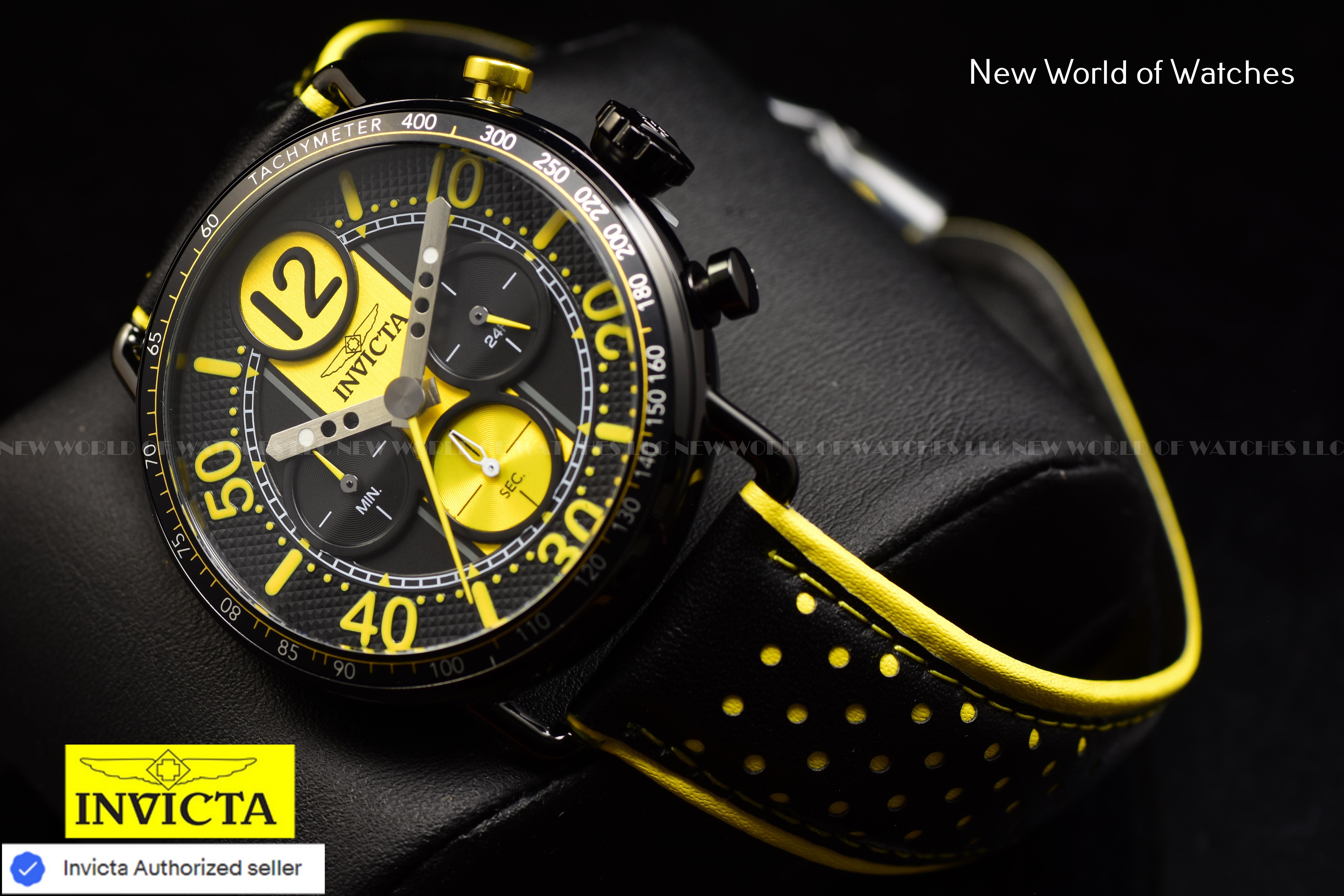 Invicta Men Invicta Racing 44mm Yellow Black Quartz Japan Genuine Leather Watch