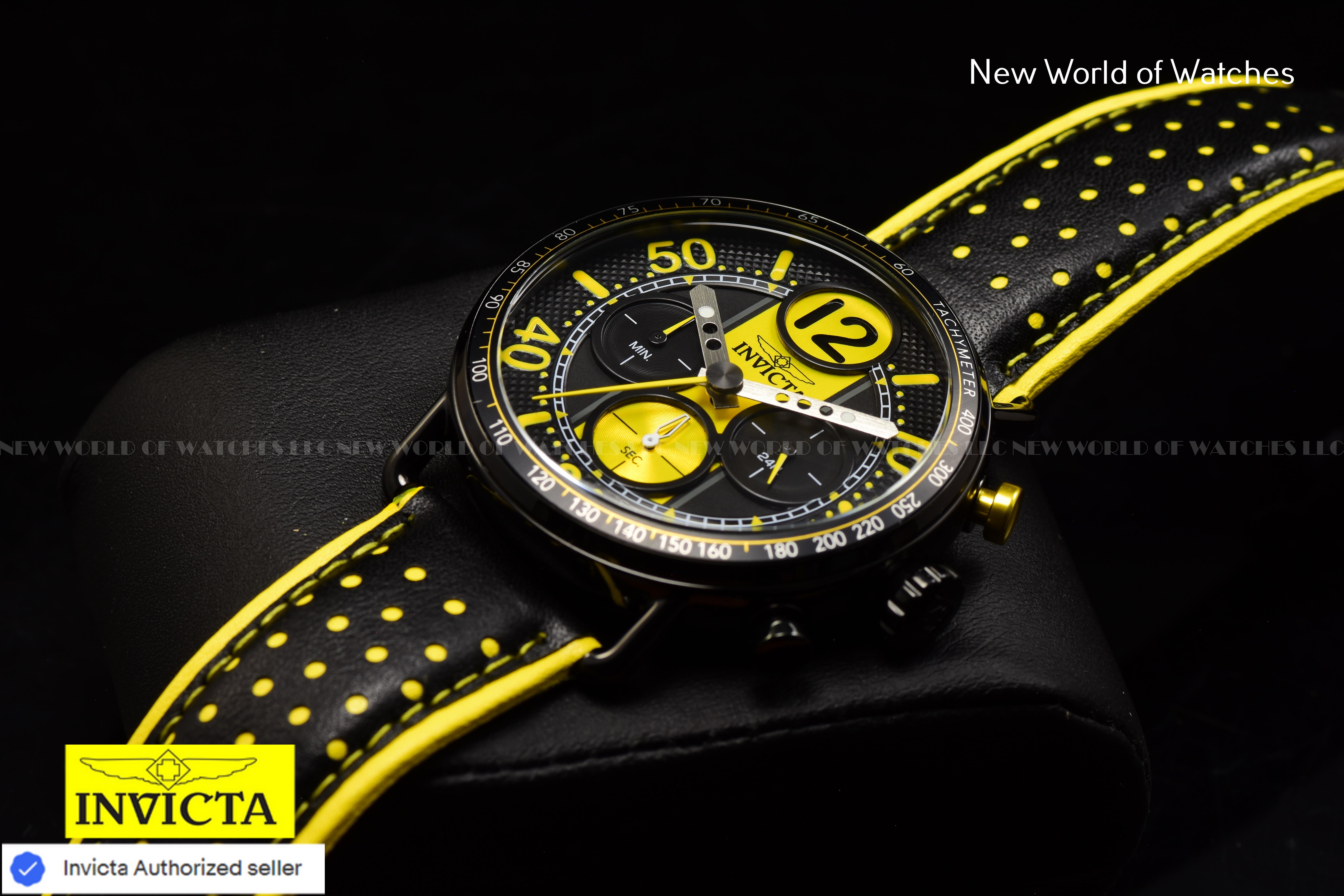 Invicta Men Invicta Racing 44mm Yellow Black Quartz Japan Genuine Leather Watch