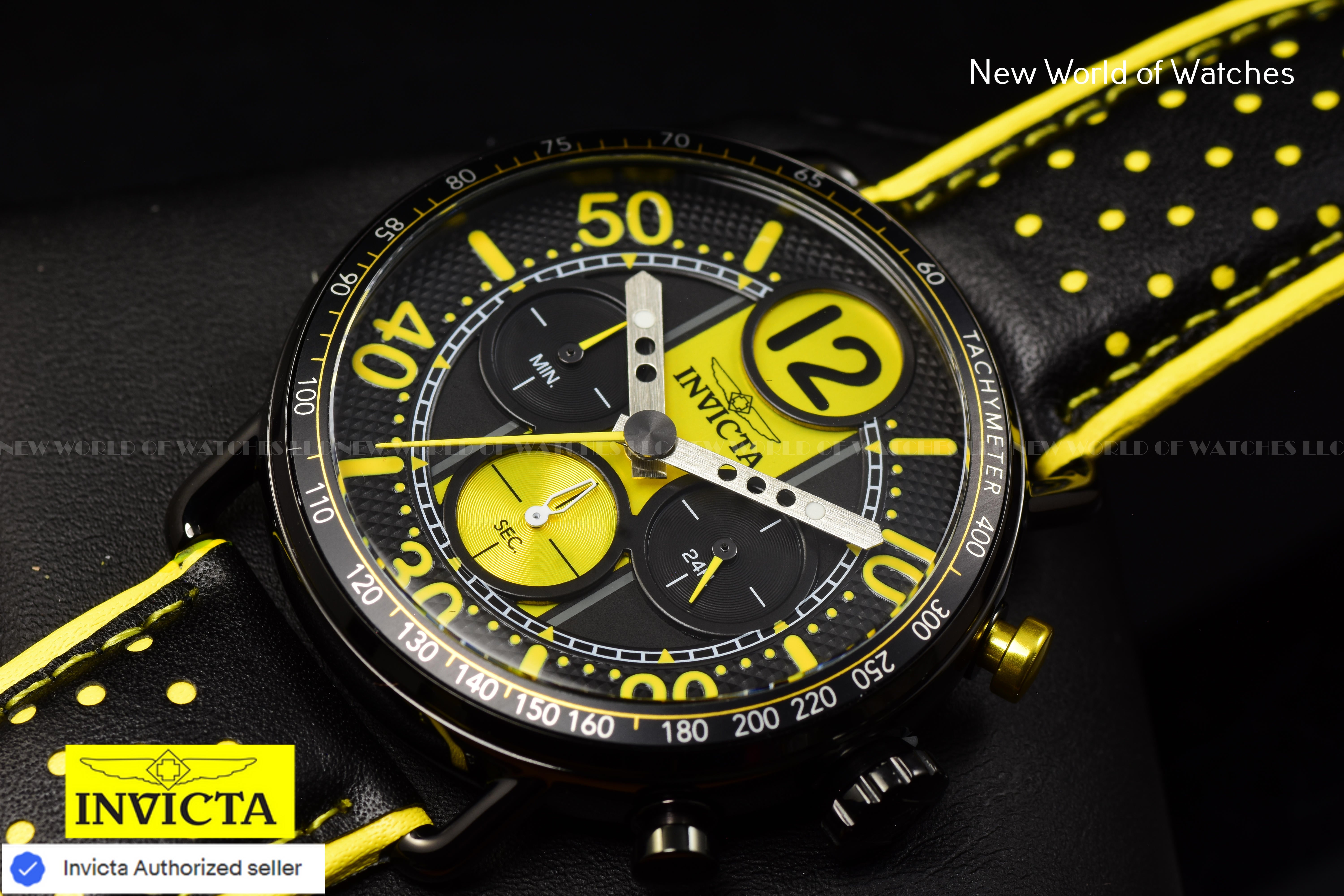 Invicta Men Invicta Racing 44mm Yellow Black Quartz Japan Genuine Leather Watch