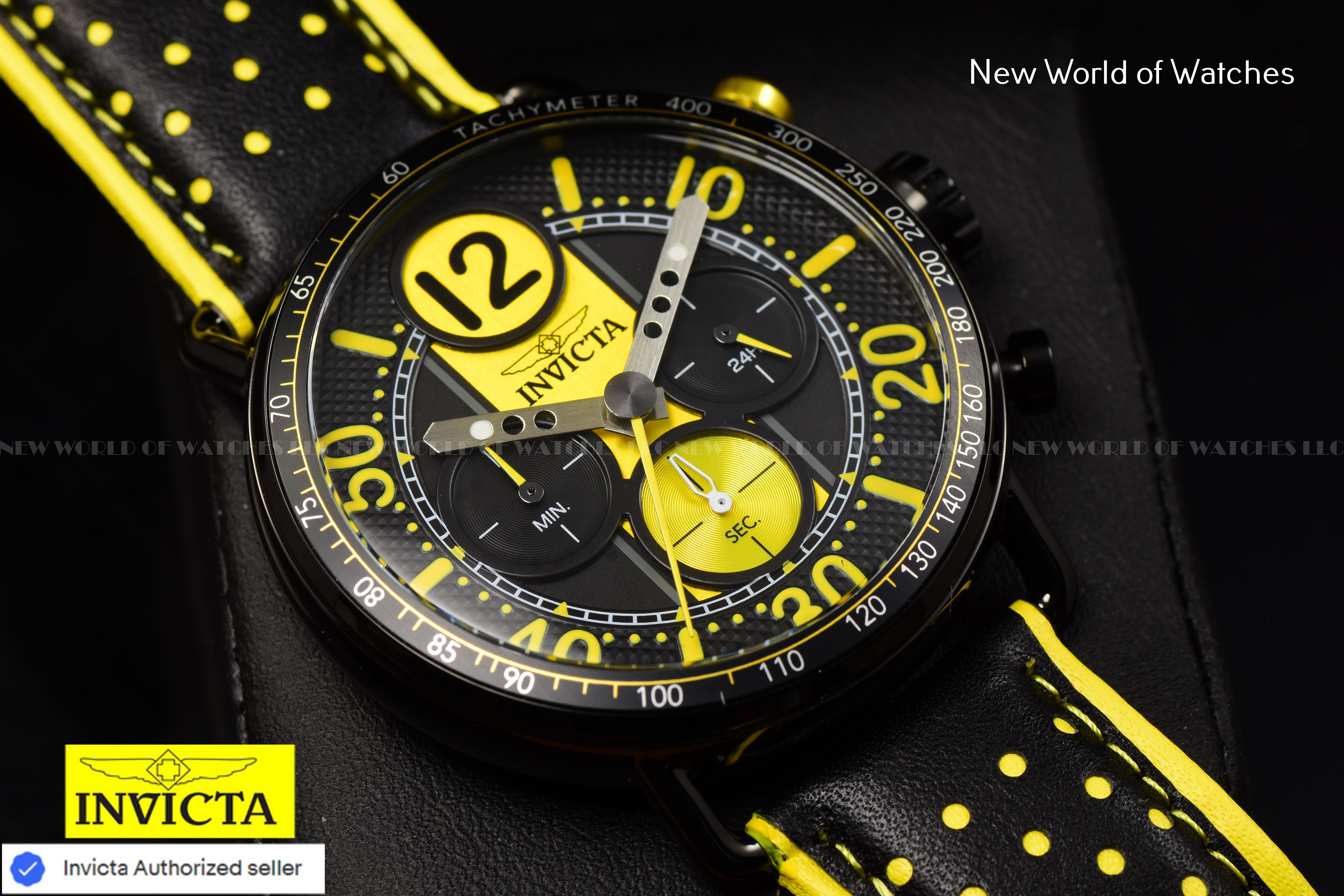 Invicta Men Invicta Racing 44mm Yellow Black Quartz Japan Genuine Leather Watch