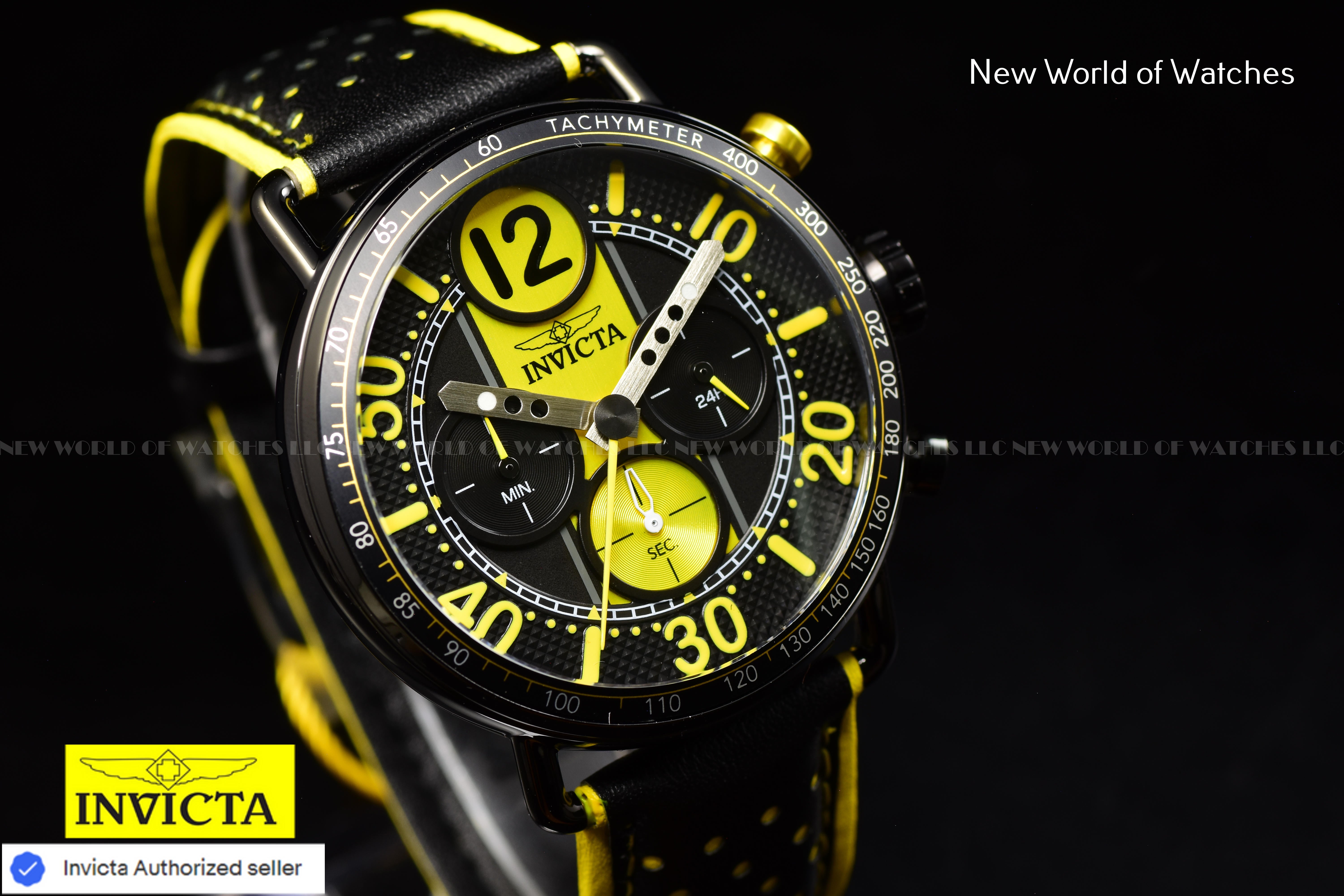 Invicta Men Invicta Racing 44mm Yellow Black Quartz Japan Genuine Leather Watch