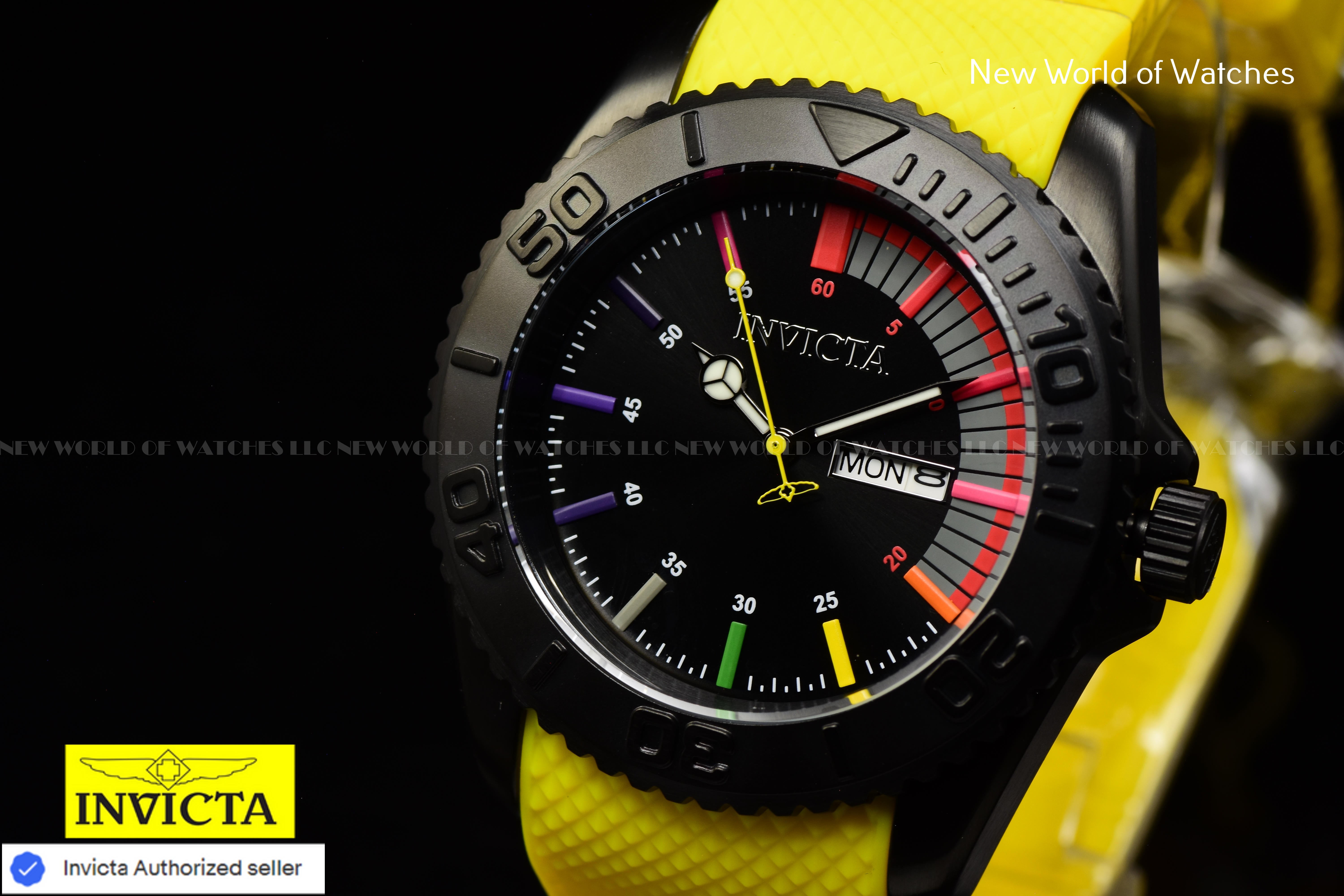 Invicta Men's PRO DIVER 44mm Black Dial Yellow Silicone Band Quartz Watch