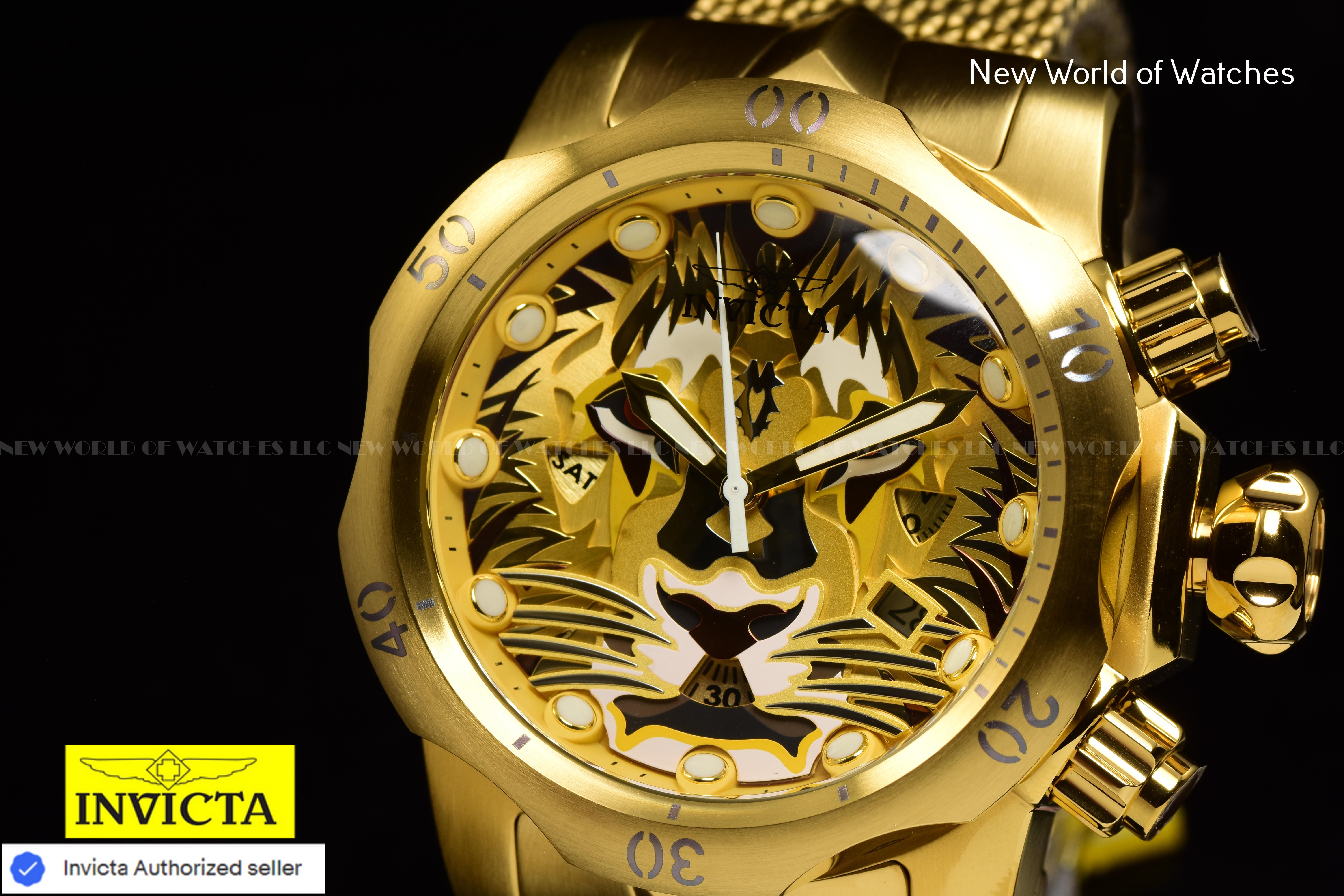 Invicta Men's VENOM 53.7mm LION FACE Chronograph Dial SS Gold Swiss Watch