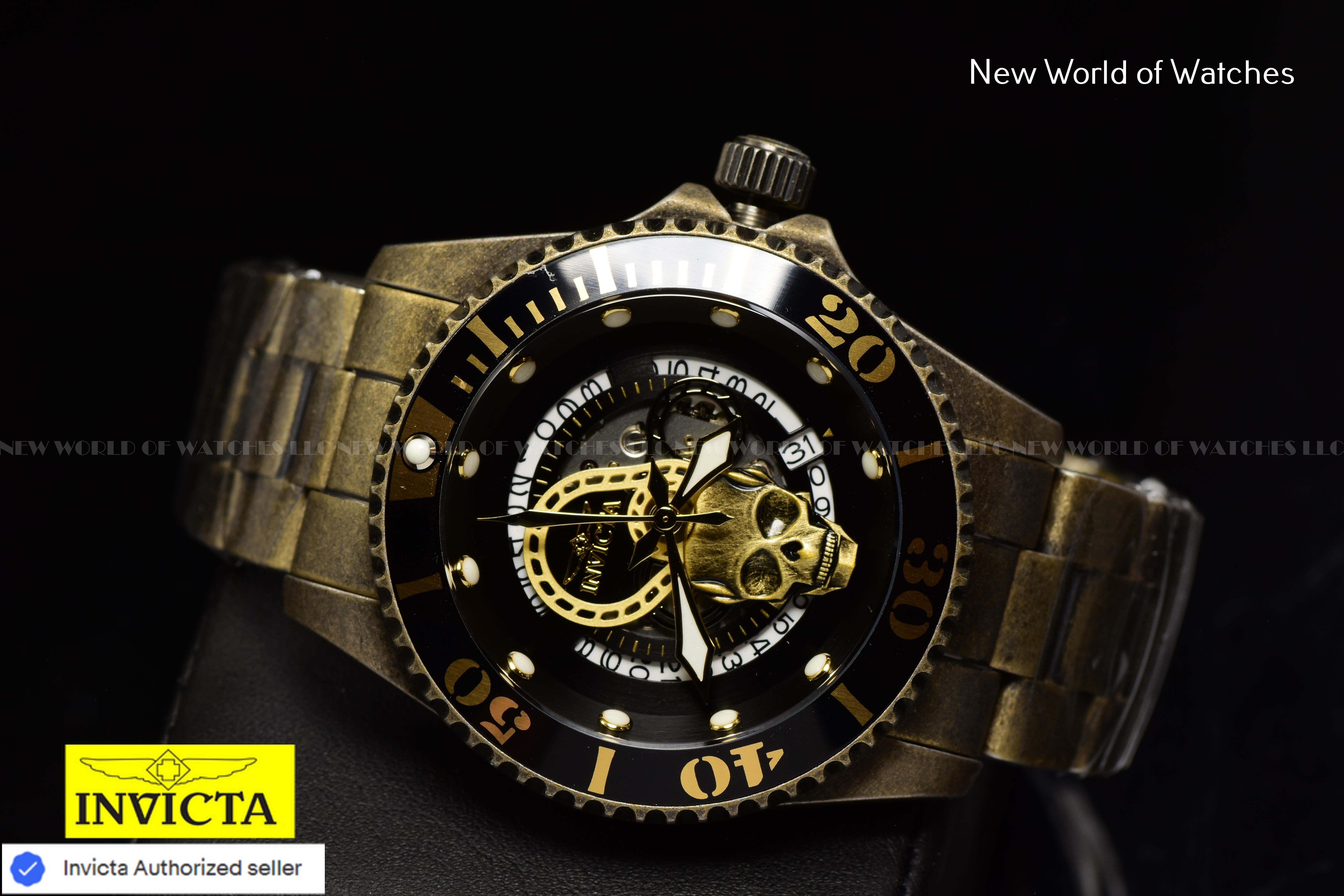 Invicta Men's PRO DIVER Automatic 43mm Black SKULL Dial SS GOLD Watch