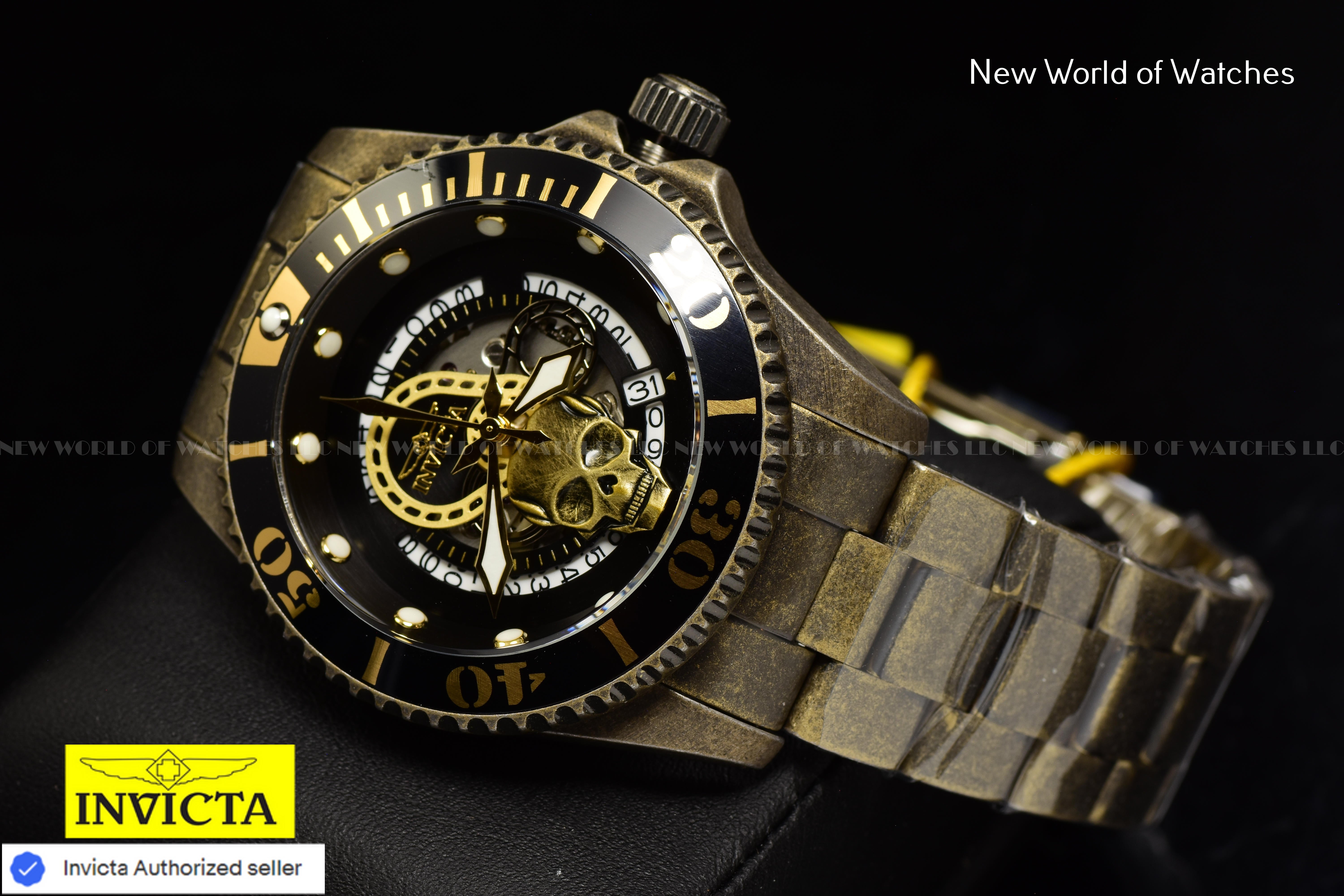Invicta Men's PRO DIVER Automatic 43mm Black SKULL Dial SS GOLD Watch