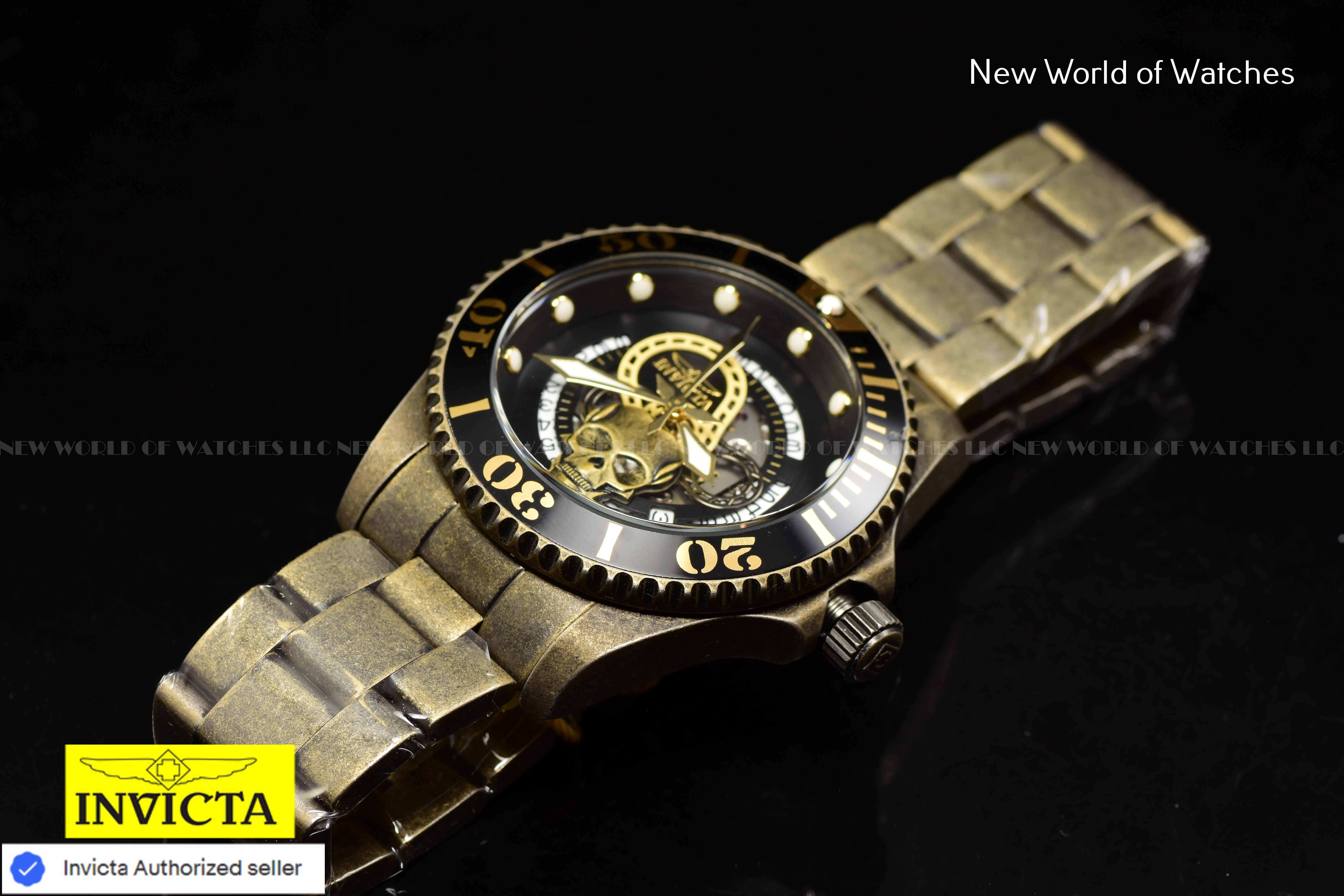 Invicta Men's PRO DIVER Automatic 43mm Black SKULL Dial SS GOLD Watch