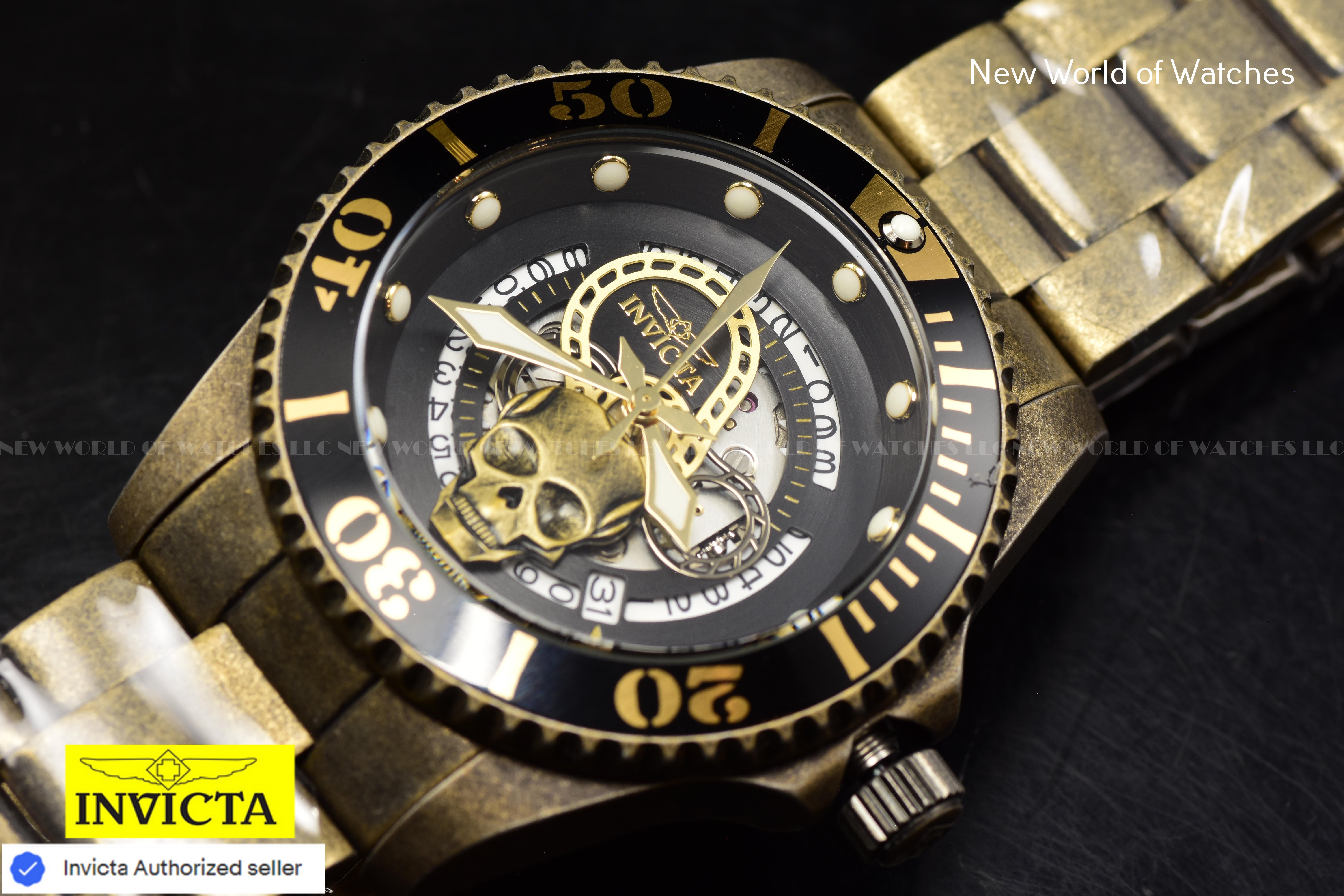 Invicta Men's PRO DIVER Automatic 43mm Black SKULL Dial SS GOLD Watch