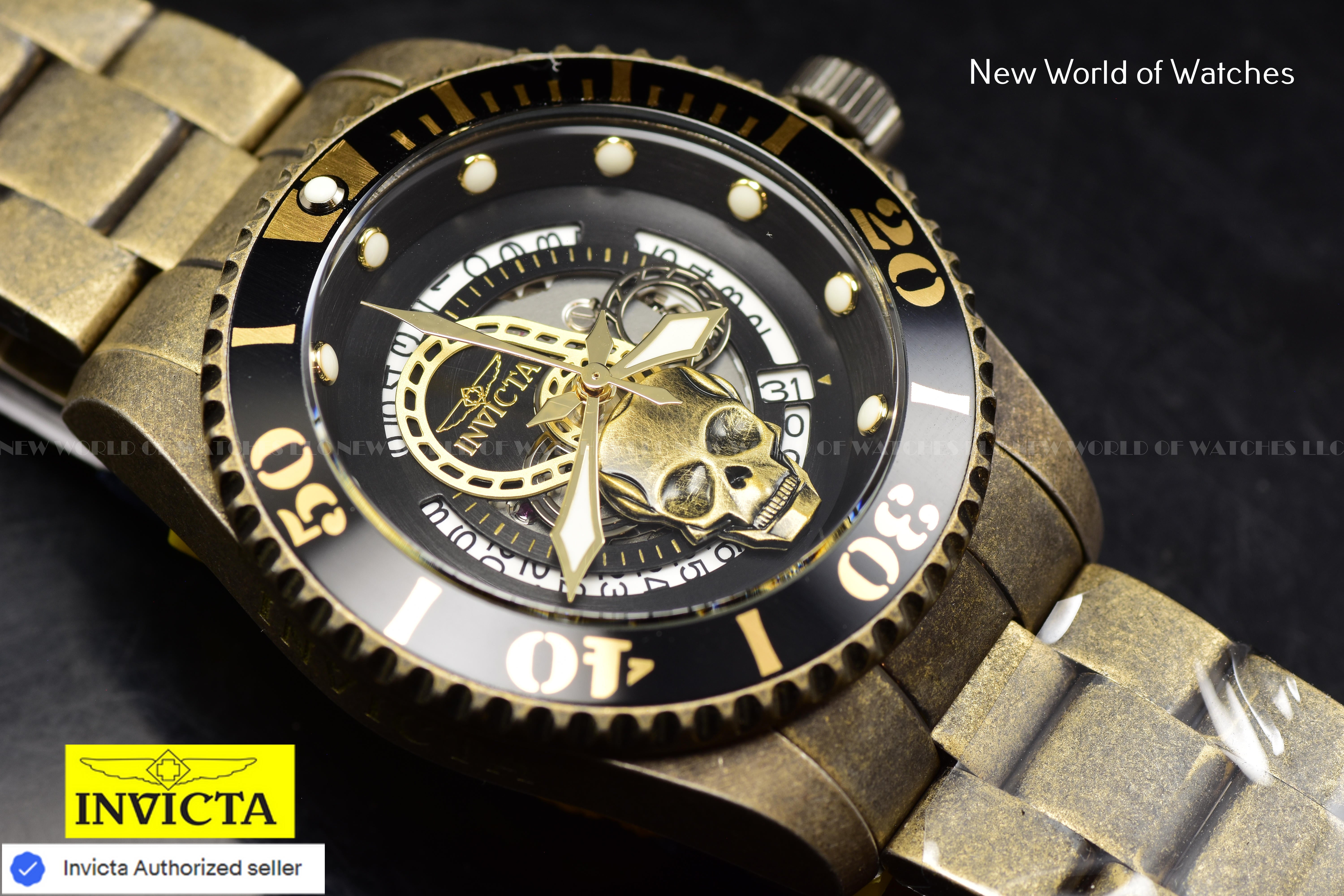 Invicta Men's PRO DIVER Automatic 43mm Black SKULL Dial SS GOLD Watch