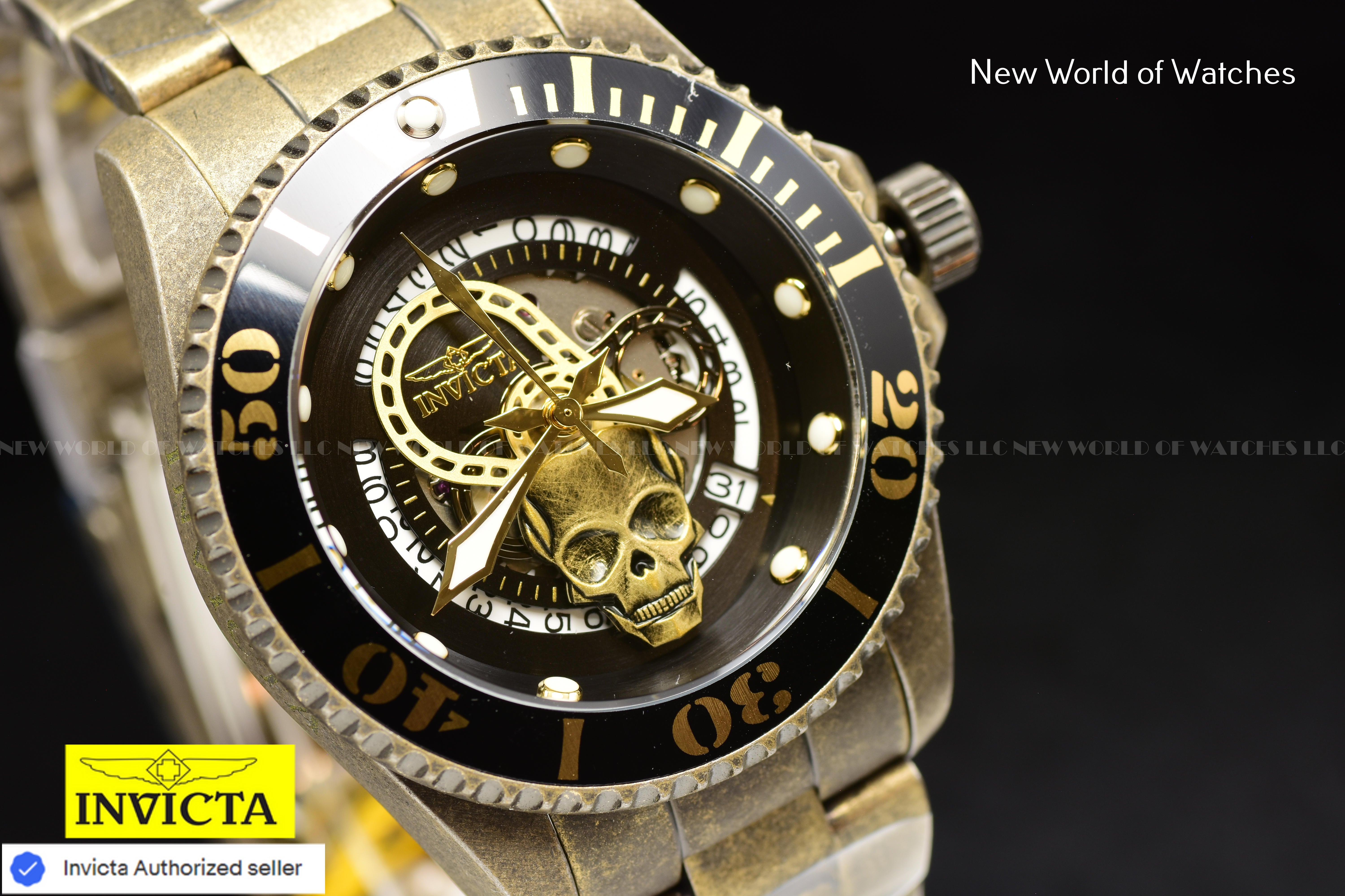 Invicta Men's PRO DIVER Automatic 43mm Black SKULL Dial SS GOLD Watch