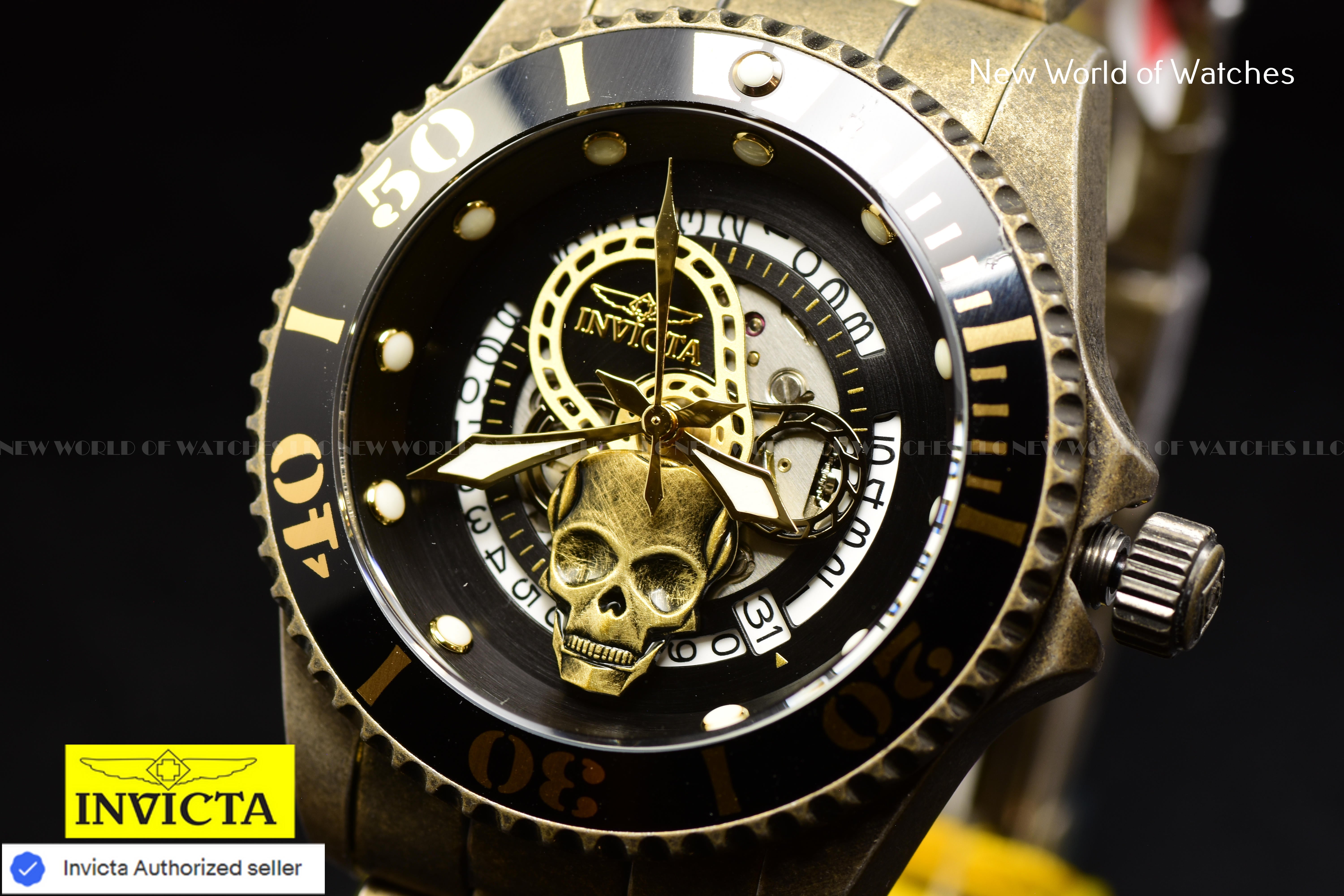 Invicta Men's PRO DIVER Automatic 43mm Black SKULL Dial SS GOLD Watch