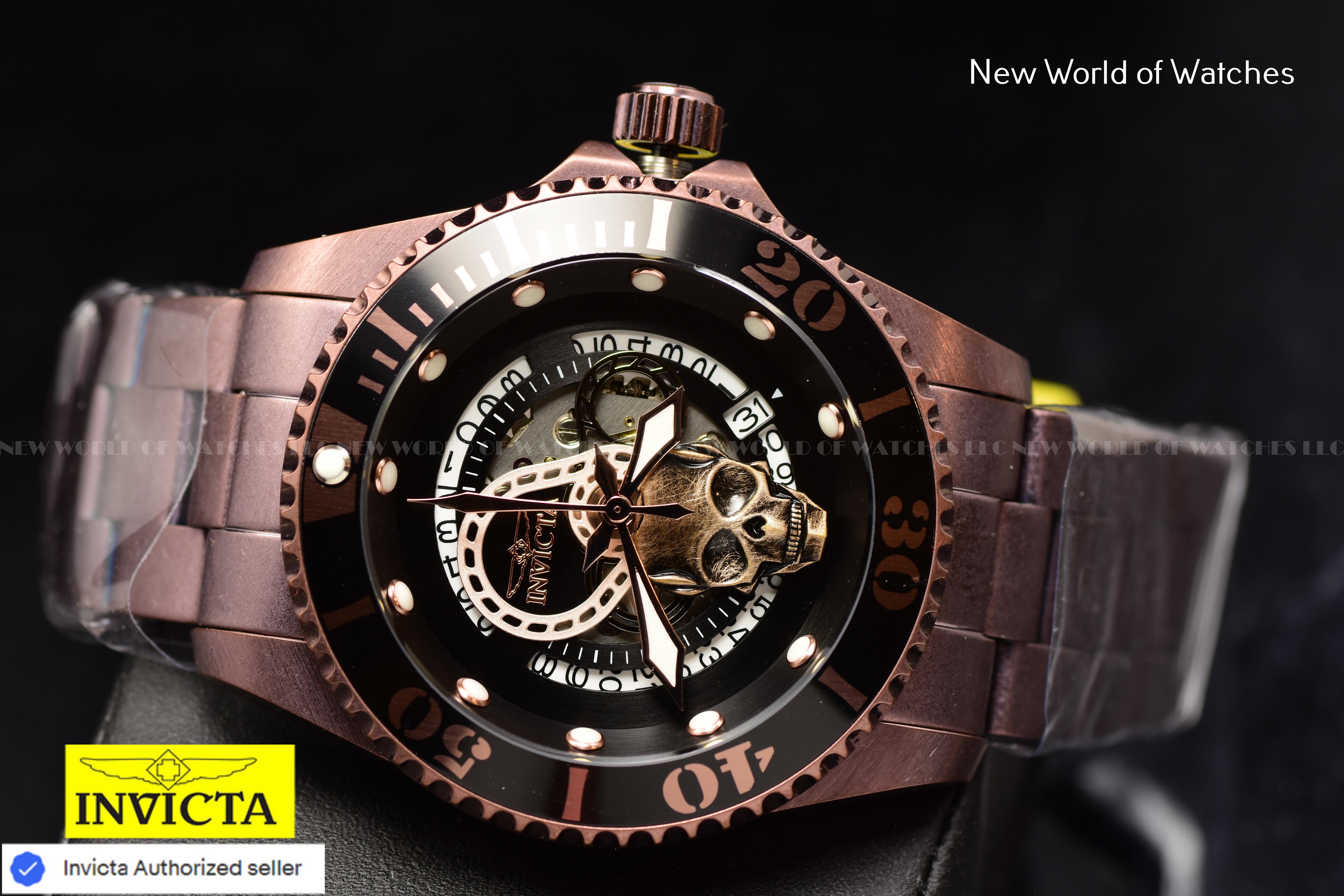 Invicta Men's PRO DIVER 43mm Black Skull Dial SS Automatic BROWN Watch