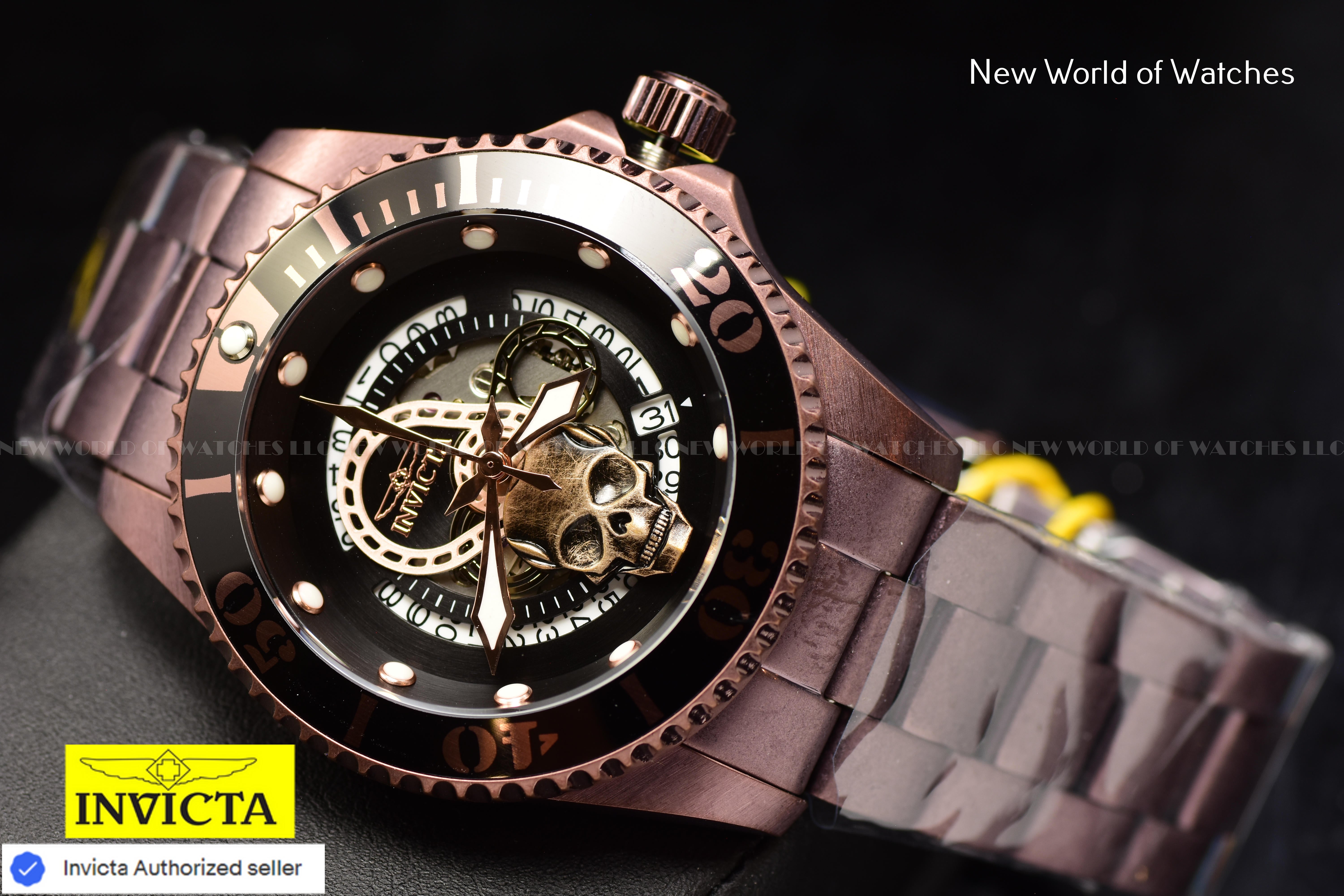 Invicta Men's PRO DIVER 43mm Black Skull Dial SS Automatic BROWN Watch