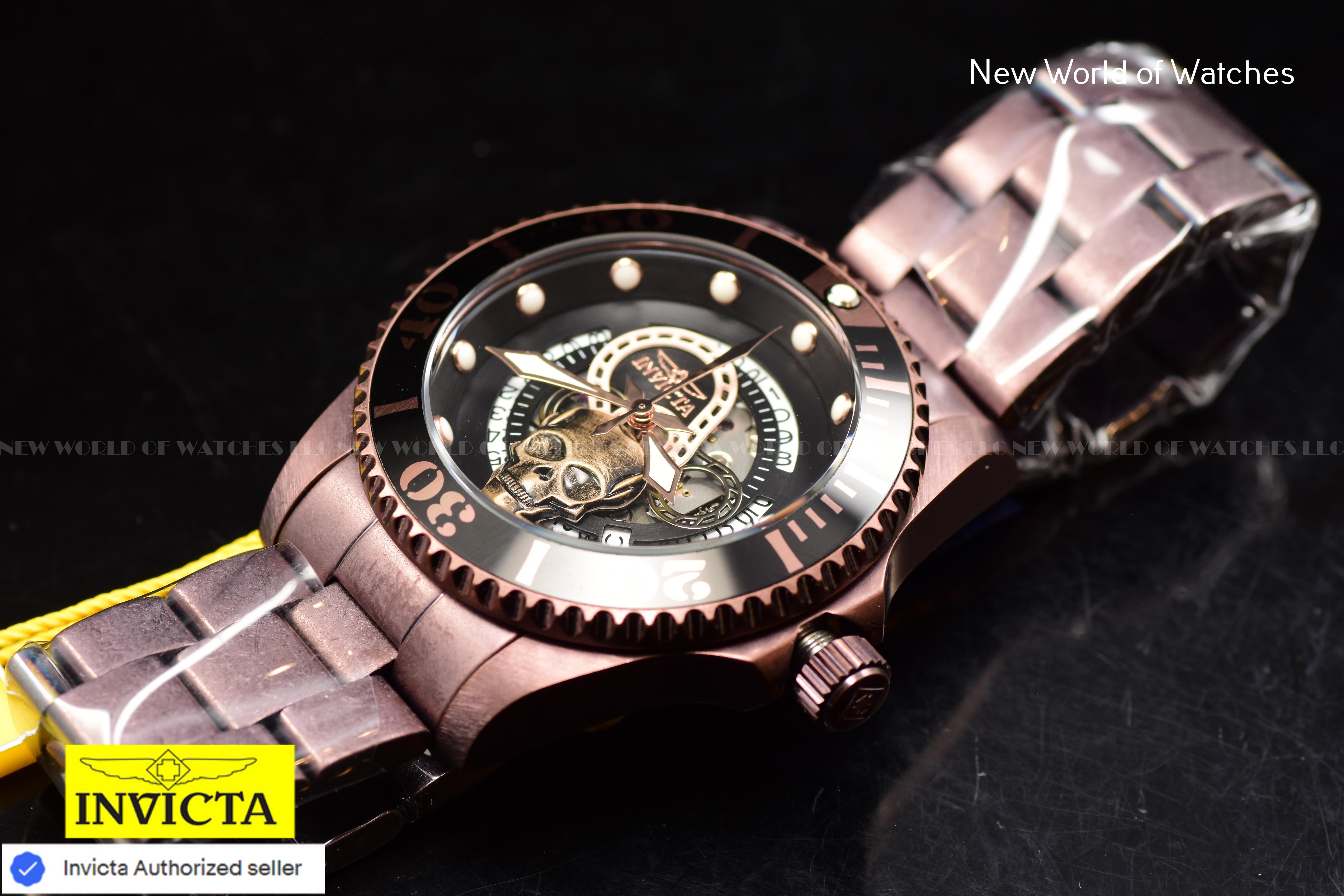 Invicta Men's PRO DIVER 43mm Black Skull Dial SS Automatic BROWN Watch