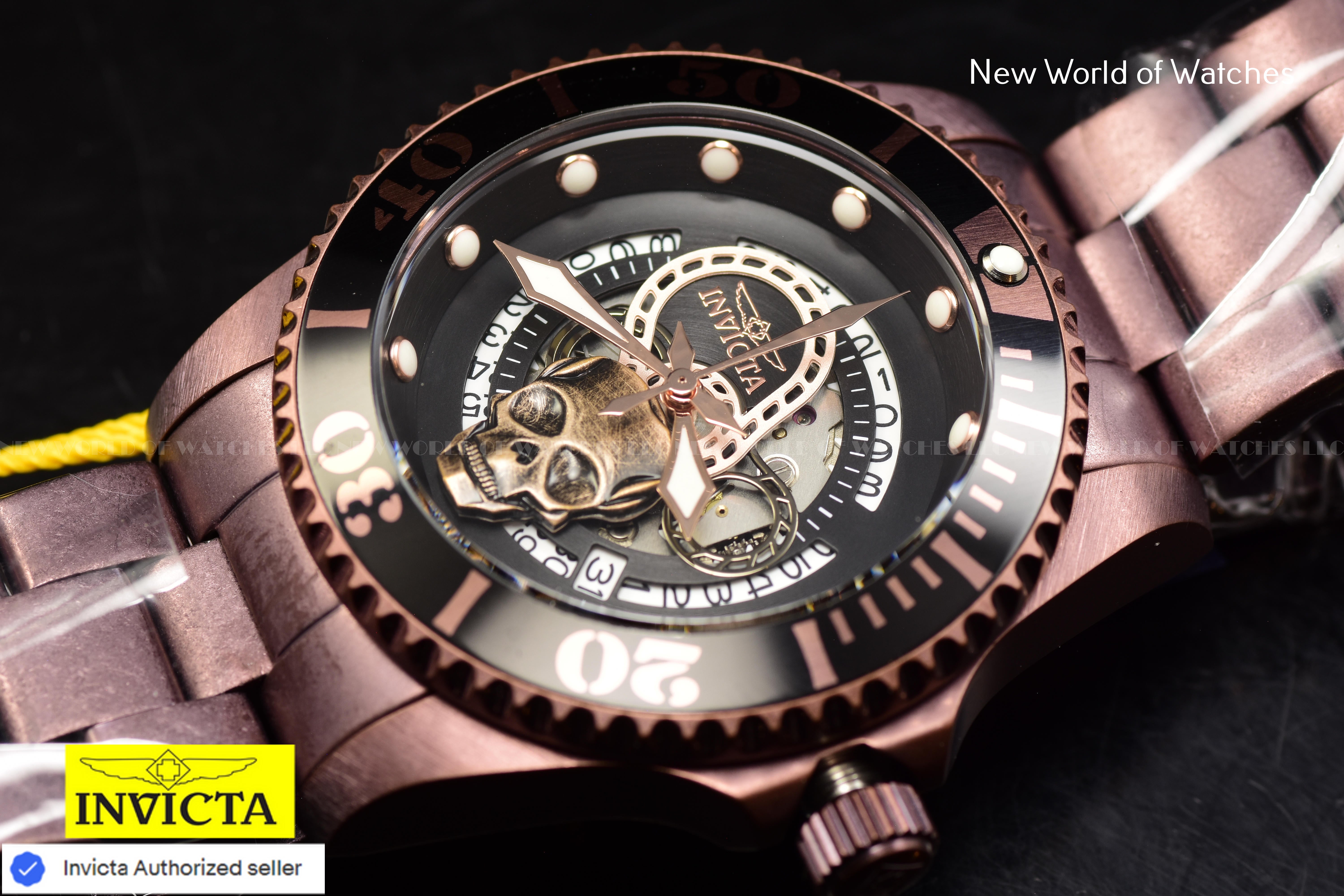 Invicta Men's PRO DIVER 43mm Black Skull Dial SS Automatic BROWN Watch