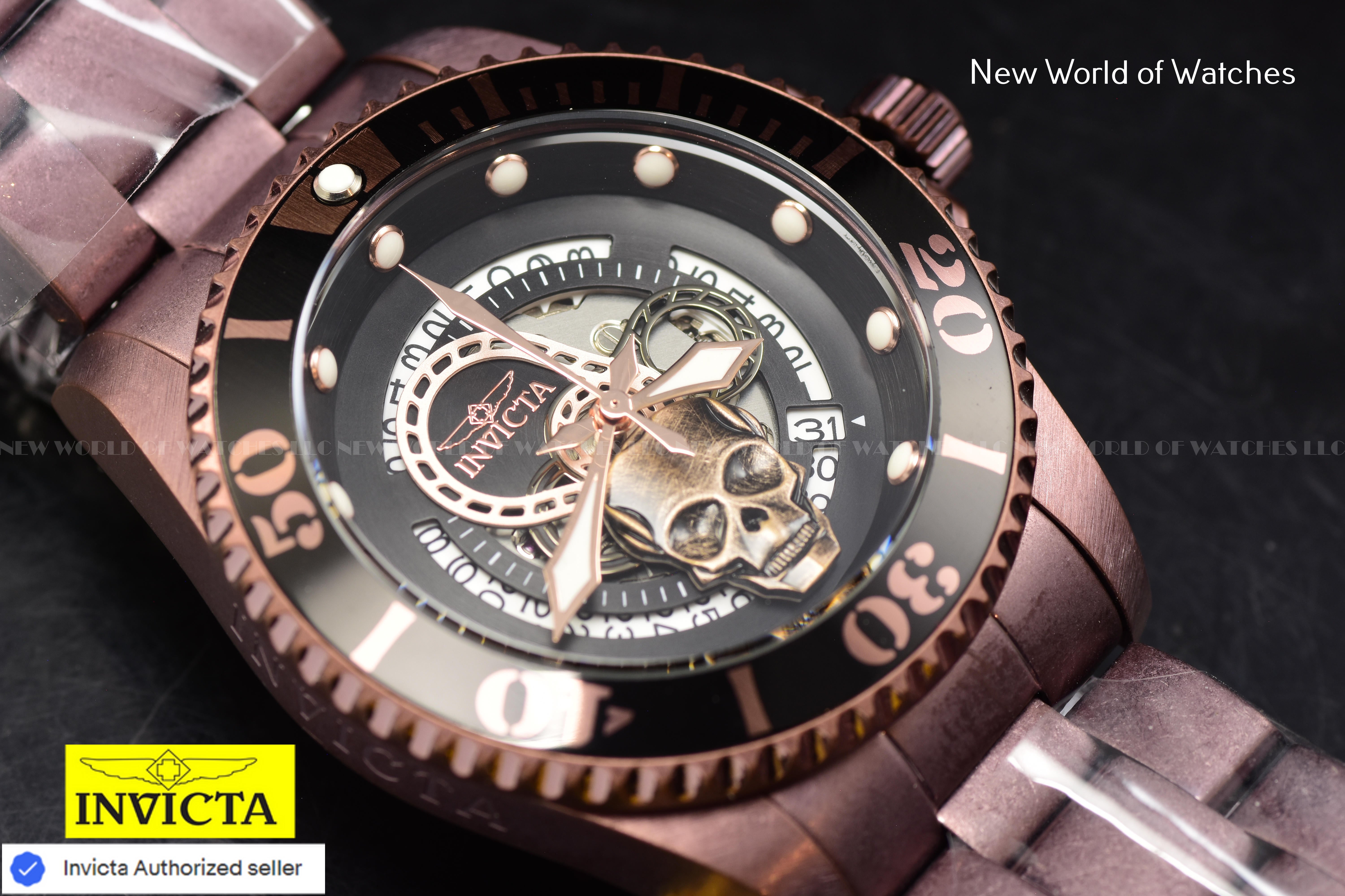 Invicta Men's PRO DIVER 43mm Black Skull Dial SS Automatic BROWN Watch