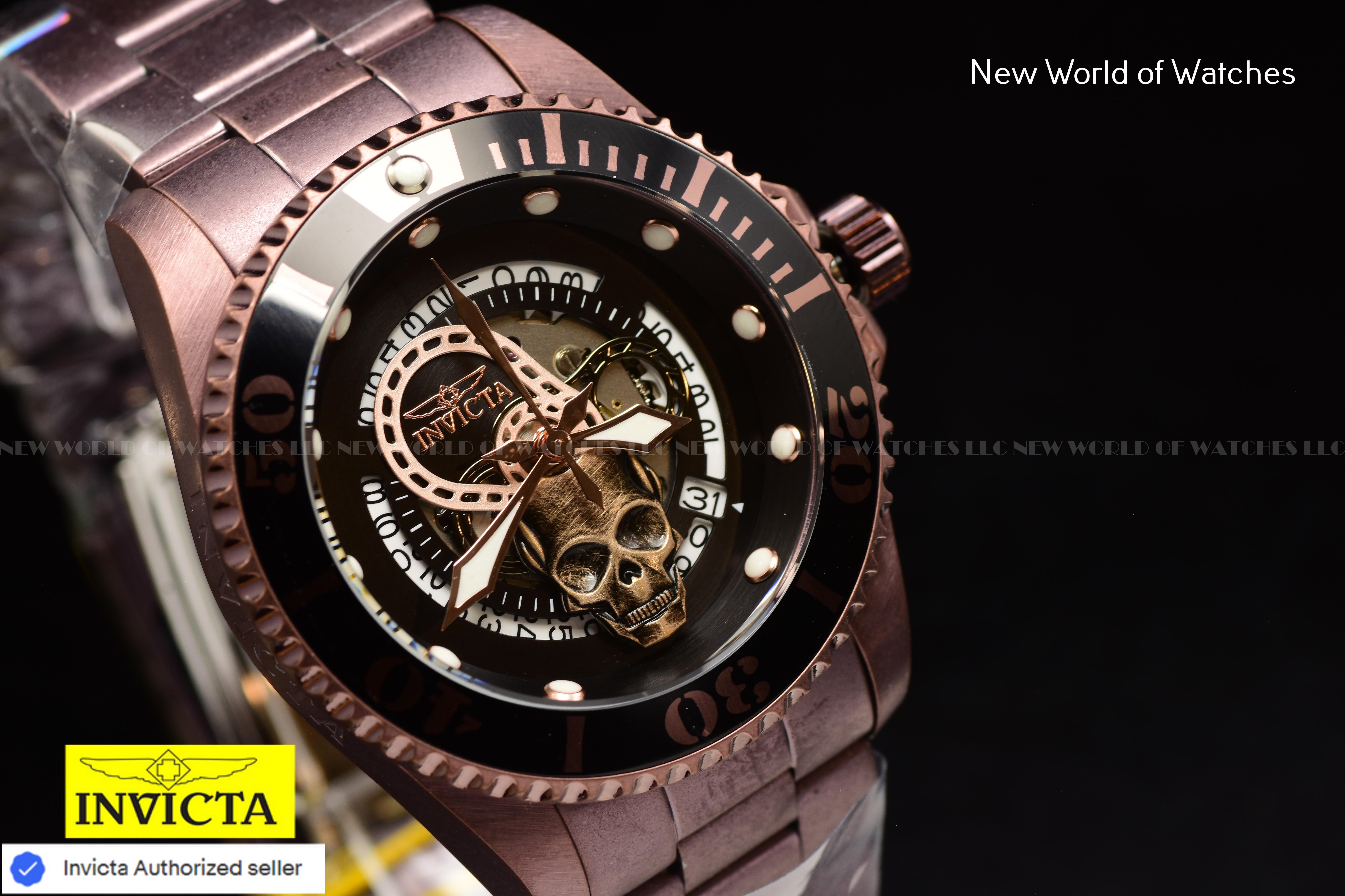 Invicta Men's PRO DIVER 43mm Black Skull Dial SS Automatic BROWN Watch