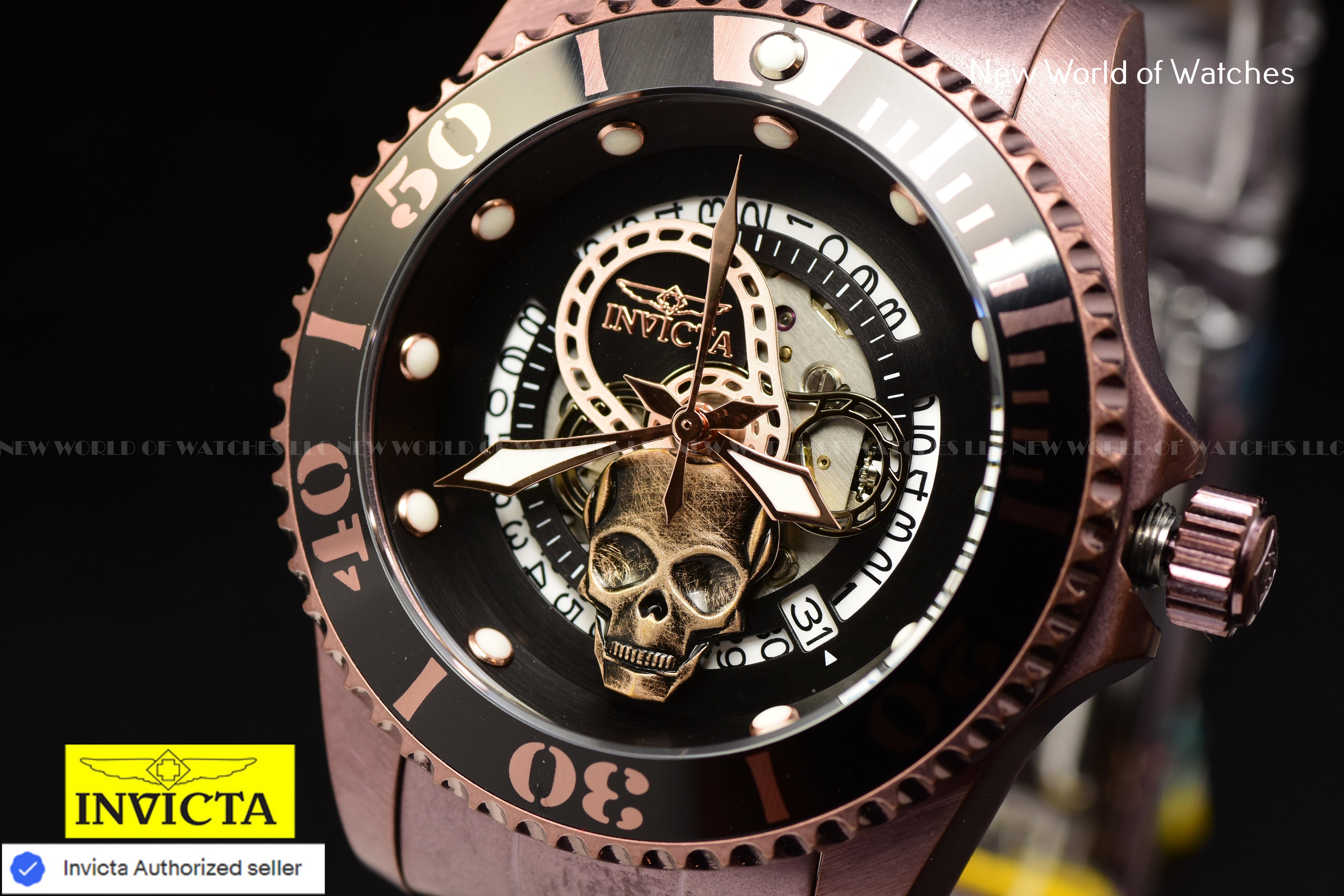 Invicta Men's PRO DIVER 43mm Black Skull Dial SS Automatic BROWN Watch
