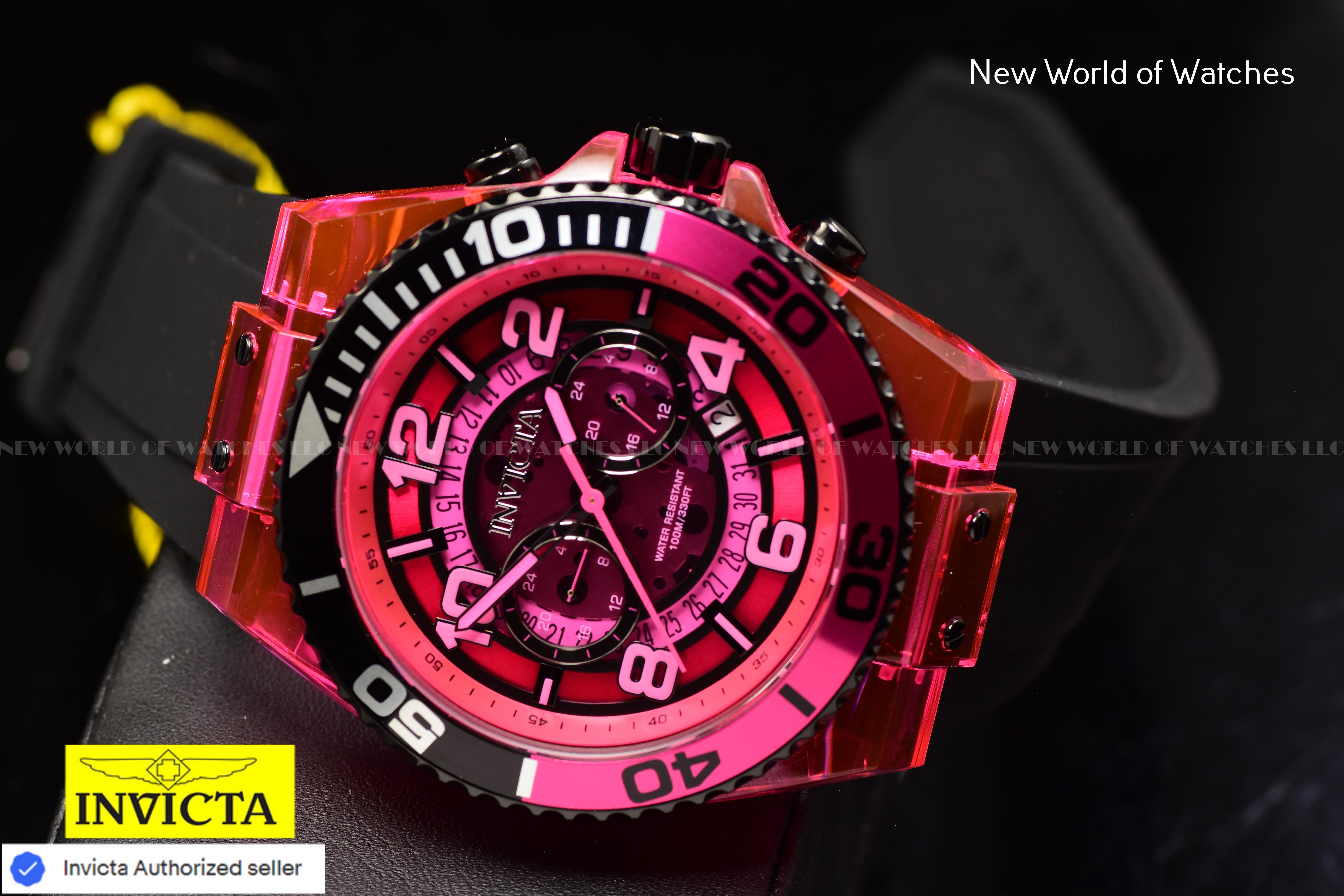 Invicta Men's SPEEDWAY 48mm Pink Chronograph Dial Black Silicone Band Watch