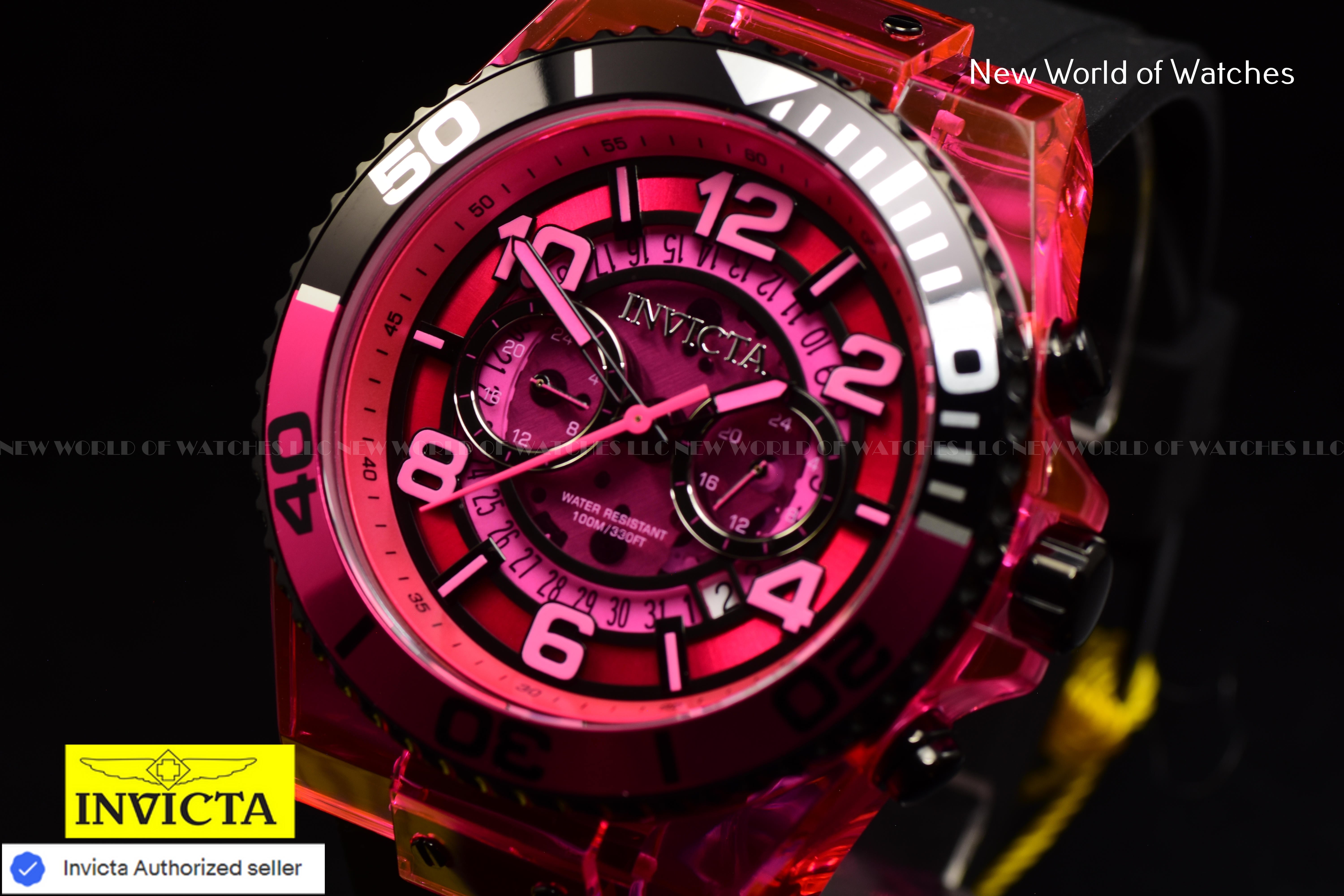 Invicta Men's SPEEDWAY 48mm Pink Chronograph Dial Black Silicone Band Watch