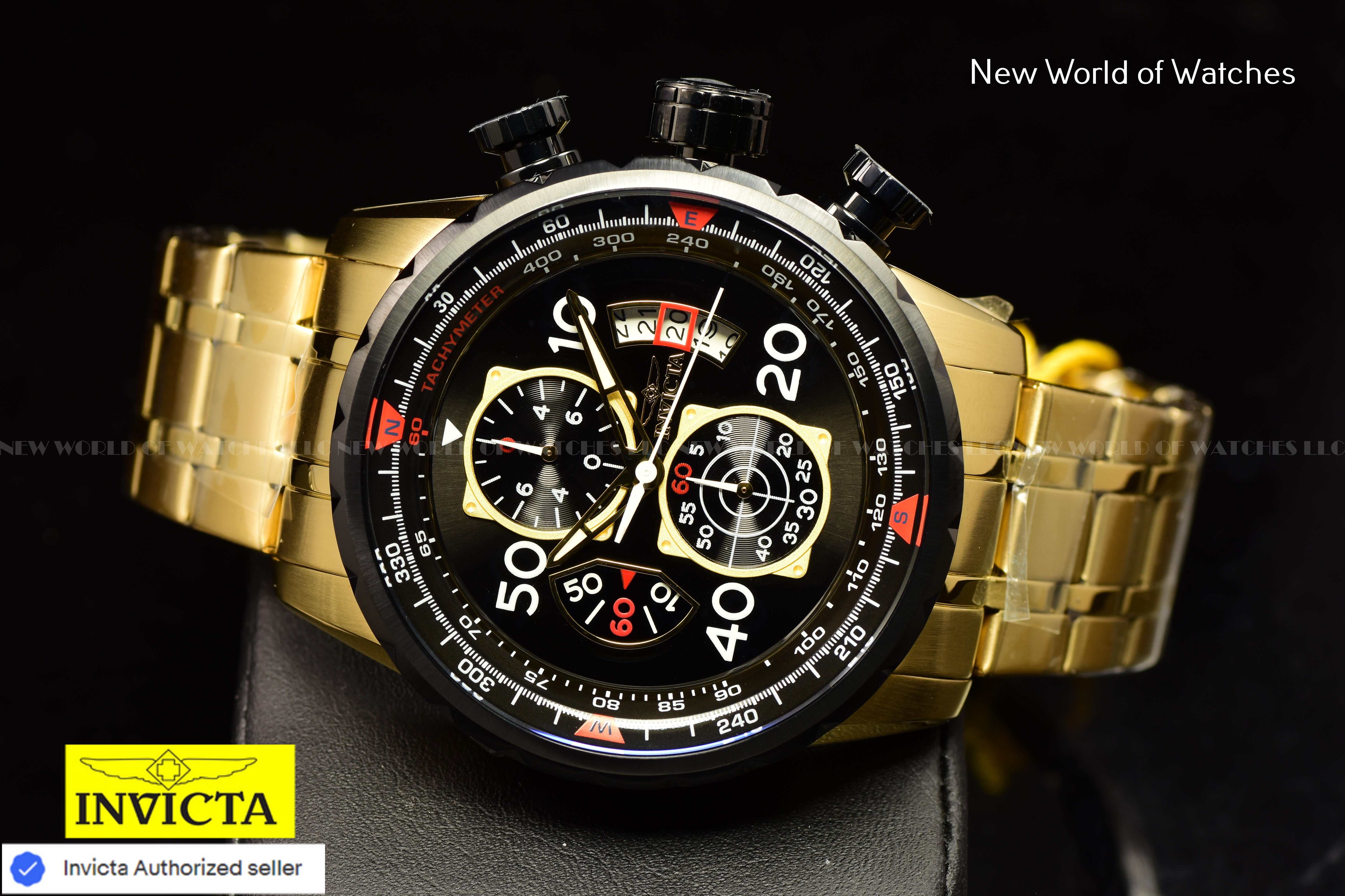 Invicta AVIATOR Chronograph BLACk Dial Gold Tone Stainless Steel Men Watch 17206