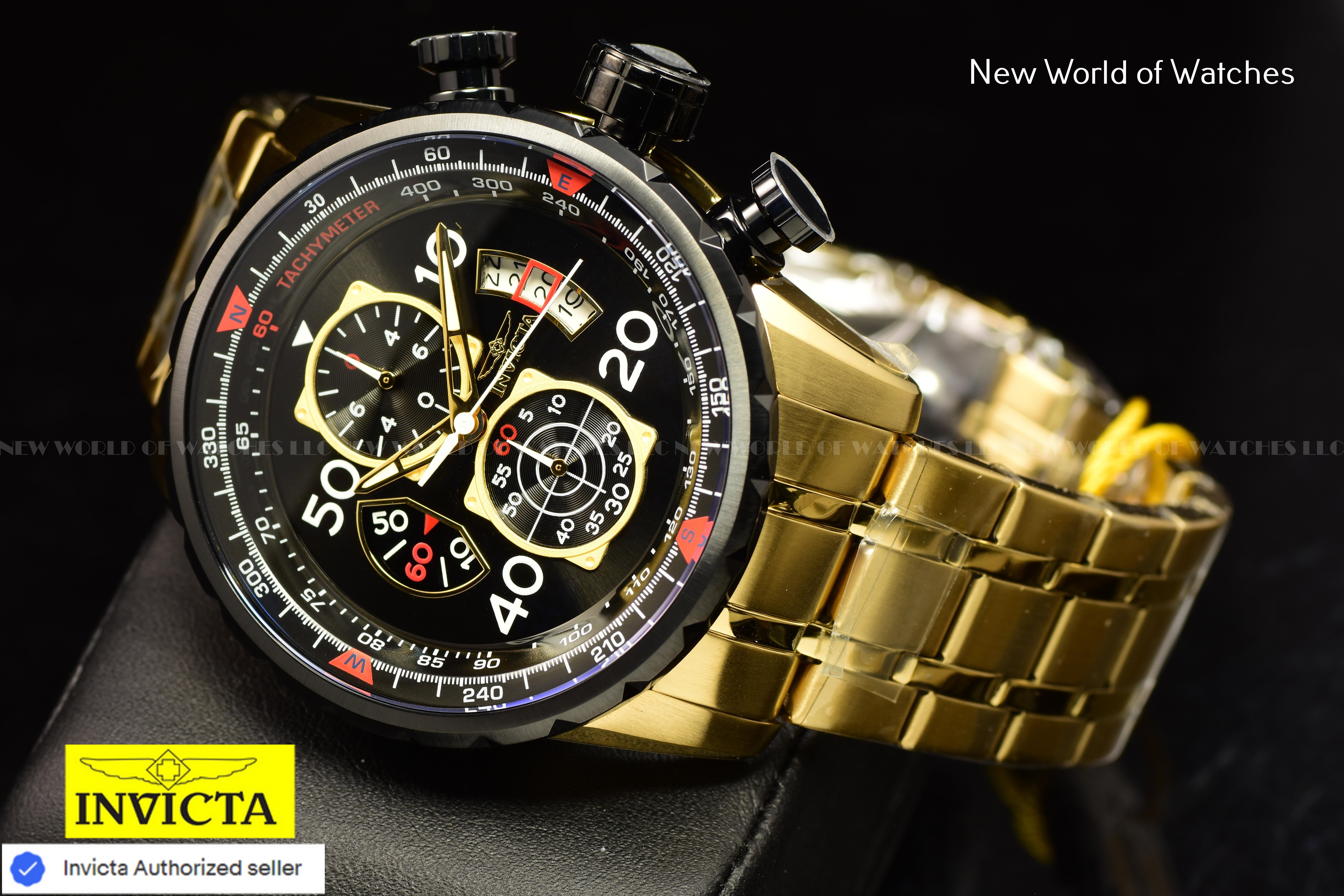 Invicta AVIATOR Chronograph BLACk Dial Gold Tone Stainless Steel Men Watch 17206