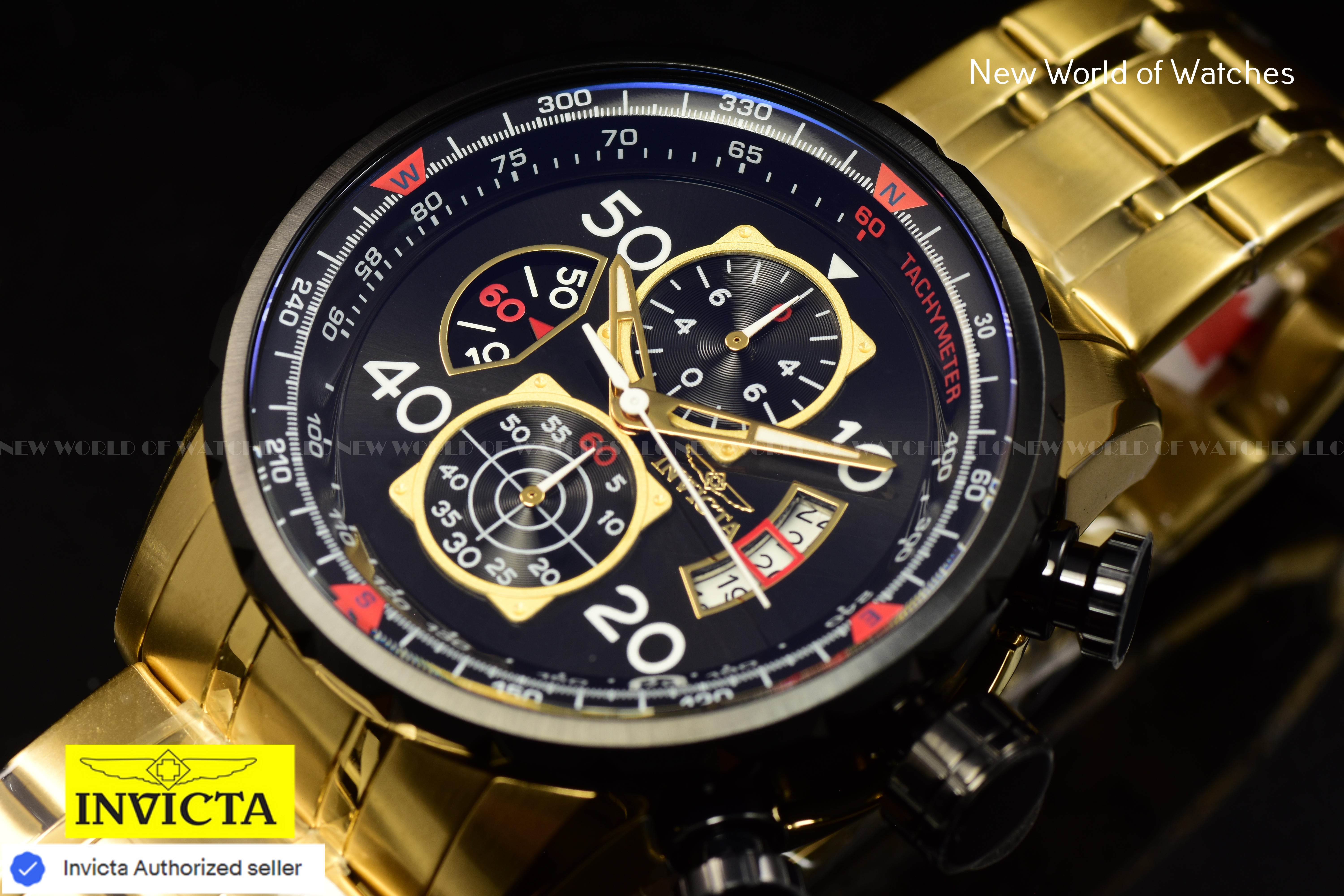 Invicta AVIATOR Chronograph BLACk Dial Gold Tone Stainless Steel Men Watch 17206