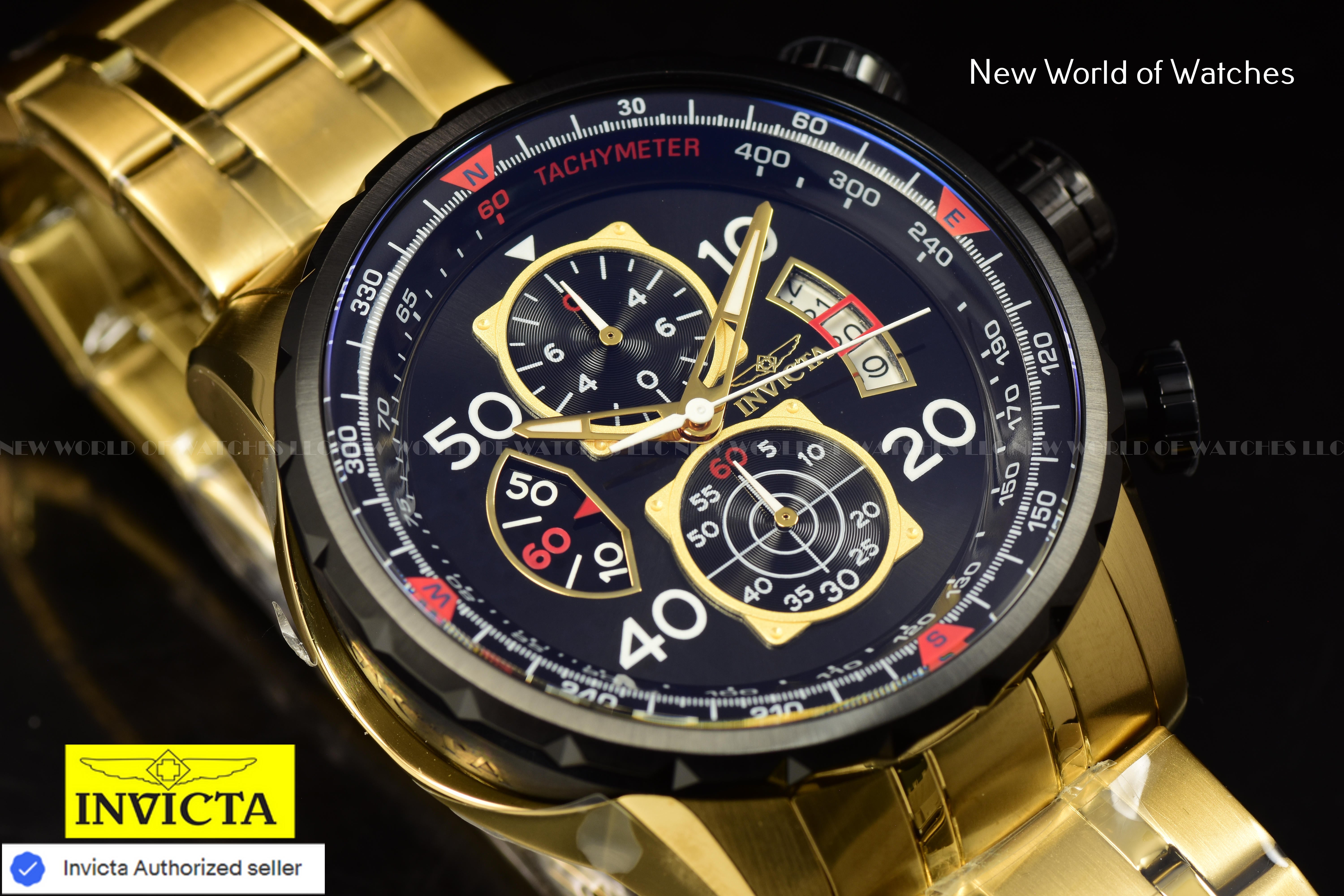 Invicta AVIATOR Chronograph BLACk Dial Gold Tone Stainless Steel Men Watch 17206