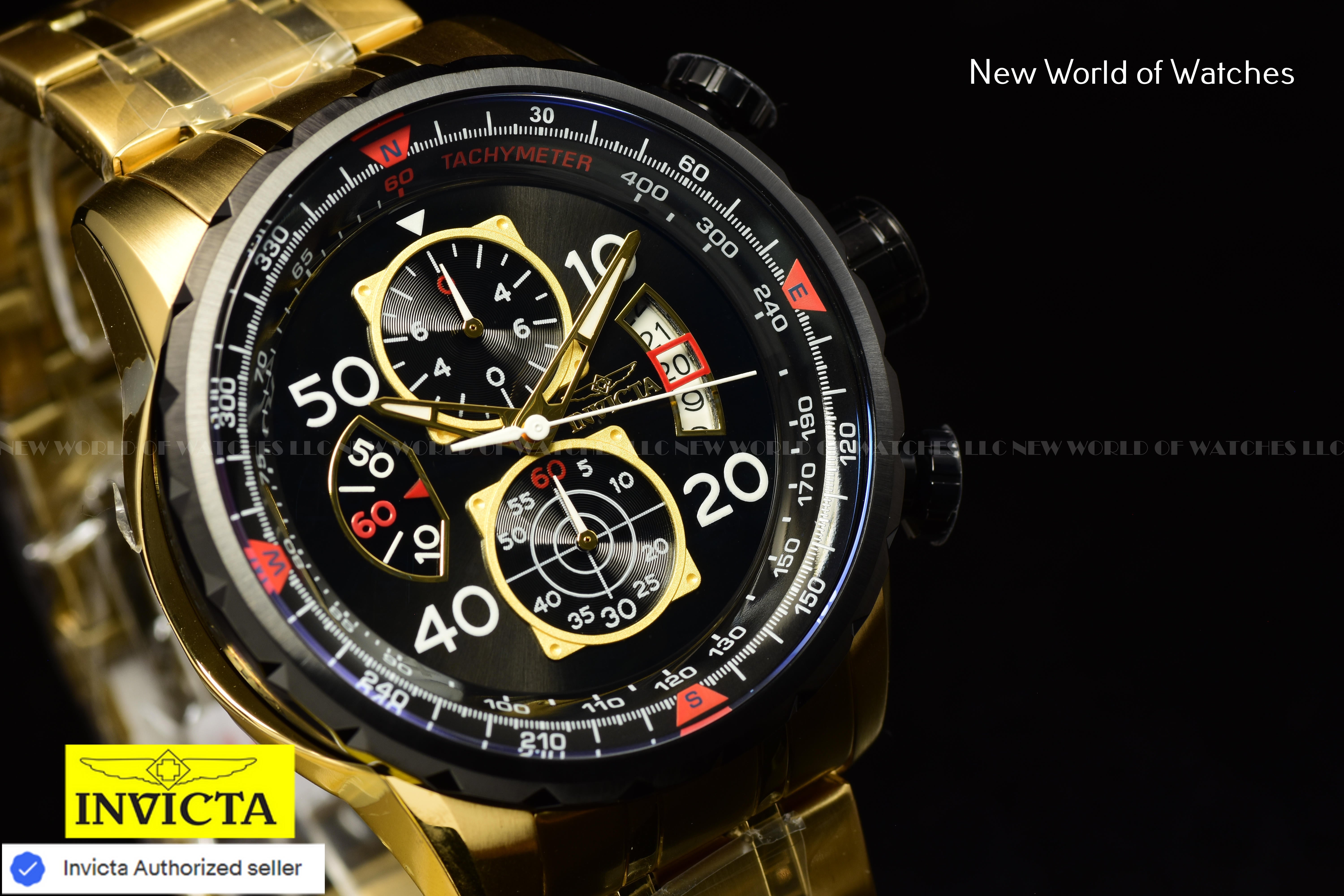 Invicta AVIATOR Chronograph BLACk Dial Gold Tone Stainless Steel Men Watch 17206