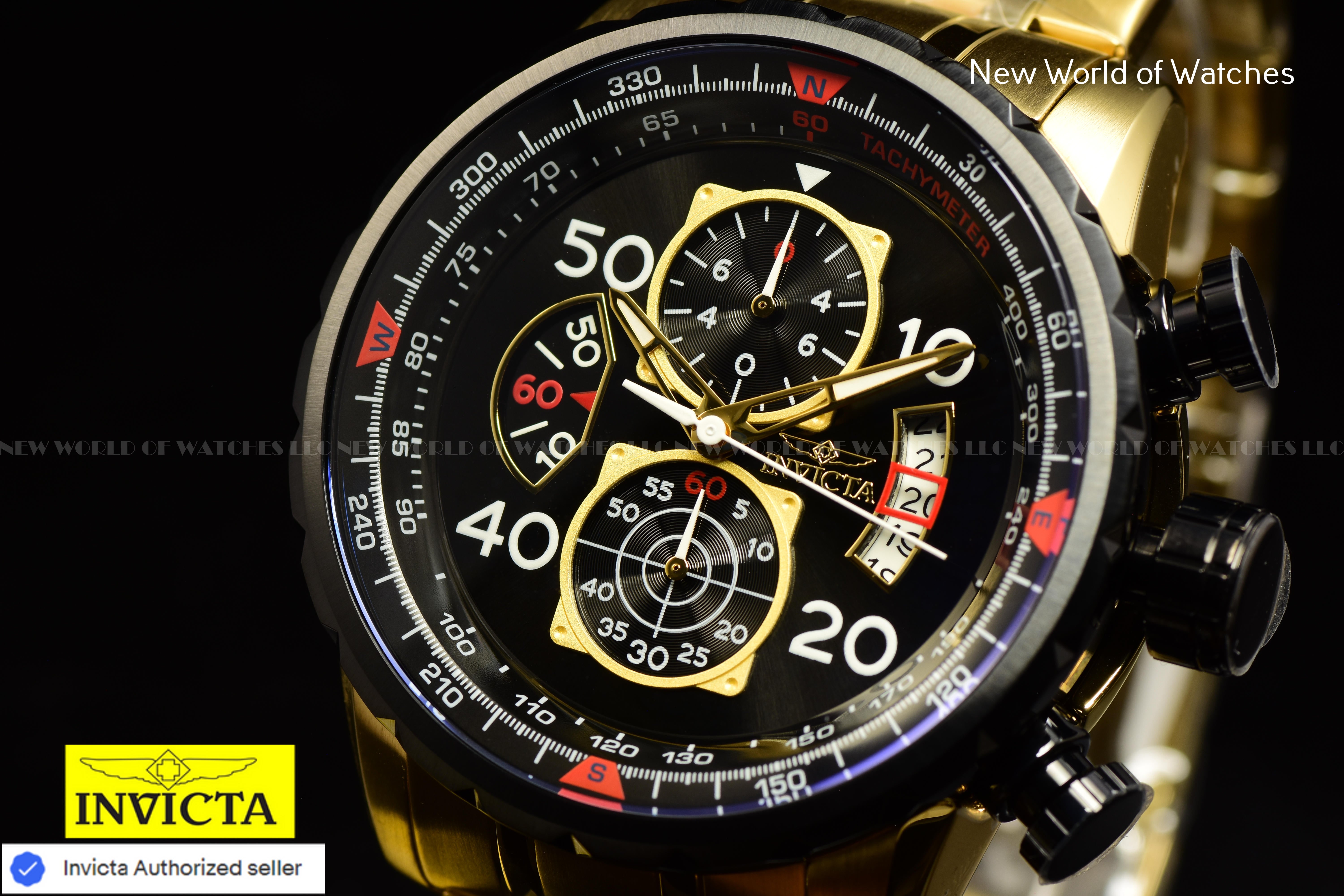 Invicta AVIATOR Chronograph BLACk Dial Gold Tone Stainless Steel Men Watch 17206