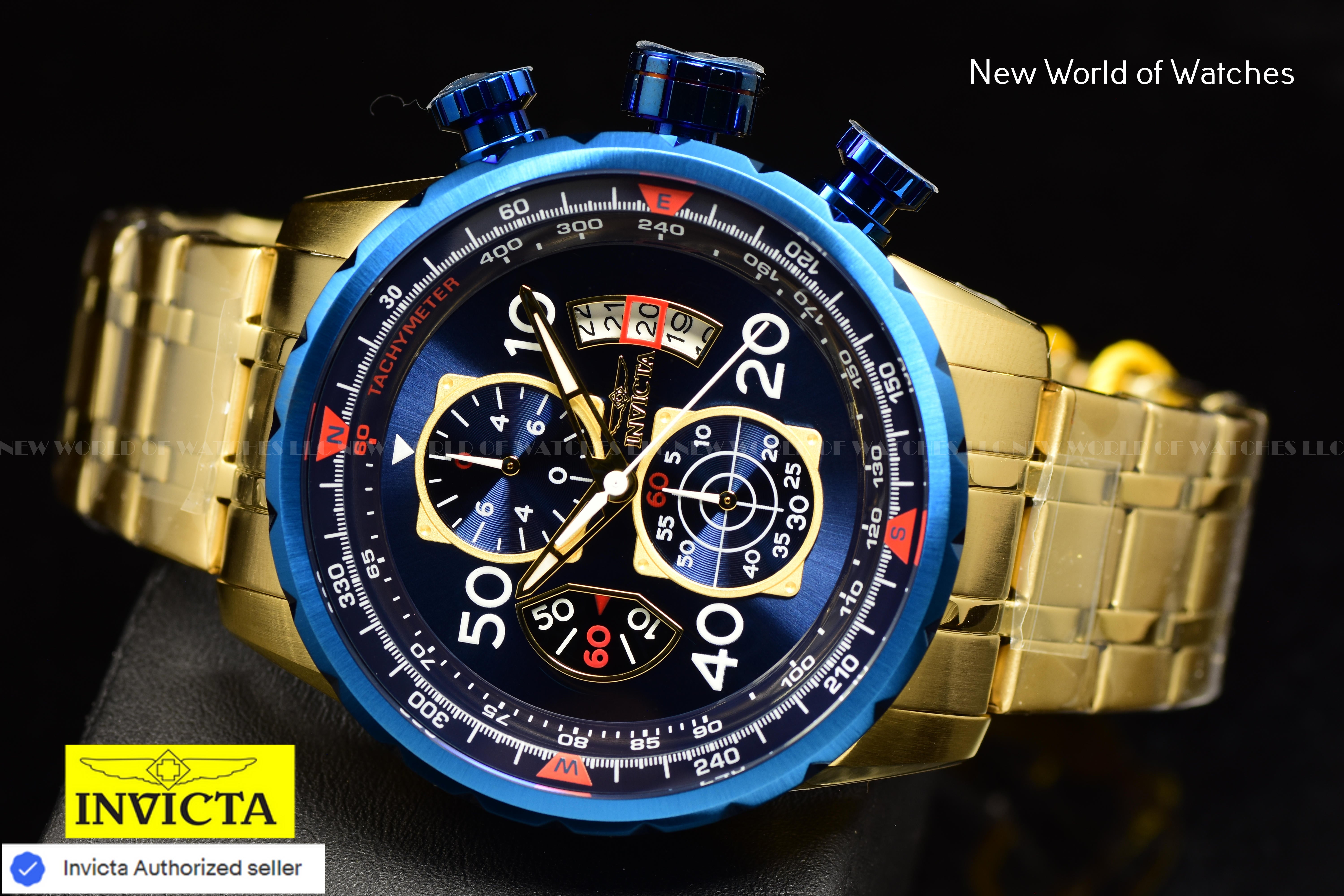 Invicta Men's AVIATOR Chronograph Quartz Blue Dial 48mm SS Gold Watch