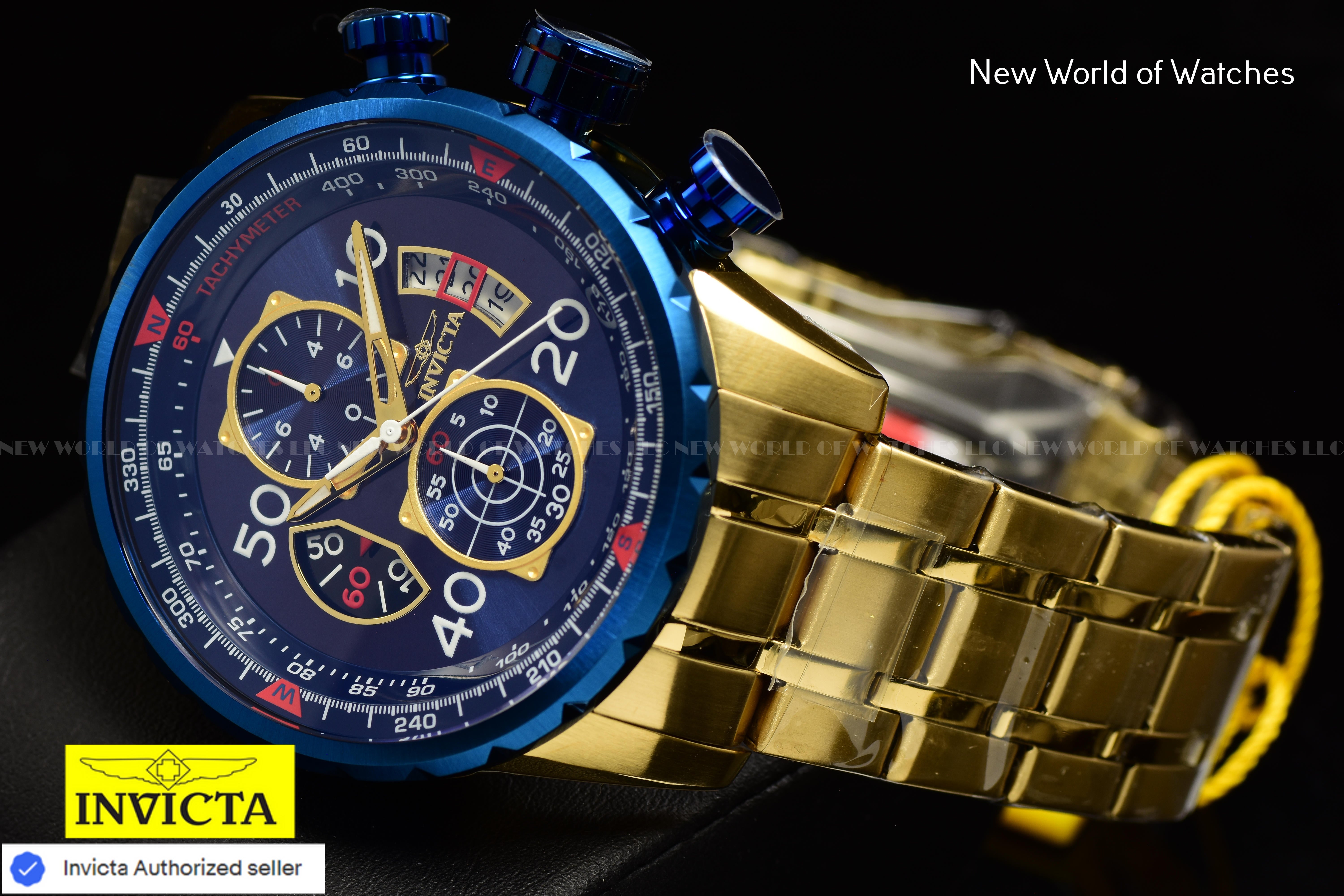 Invicta Men's AVIATOR Chronograph Quartz Blue Dial 48mm SS Gold Watch