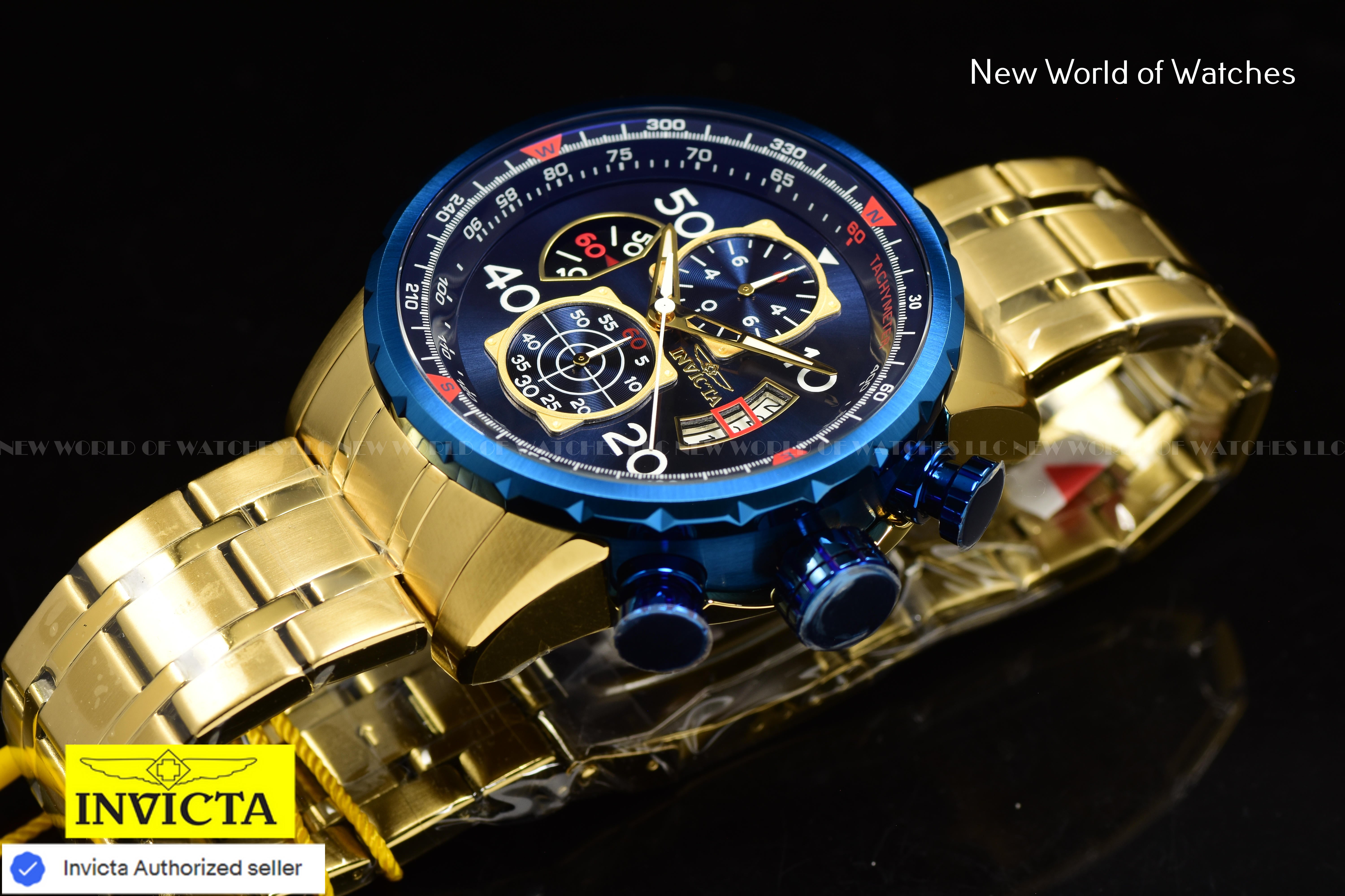 Invicta Men's AVIATOR Chronograph Quartz Blue Dial 48mm SS Gold Watch
