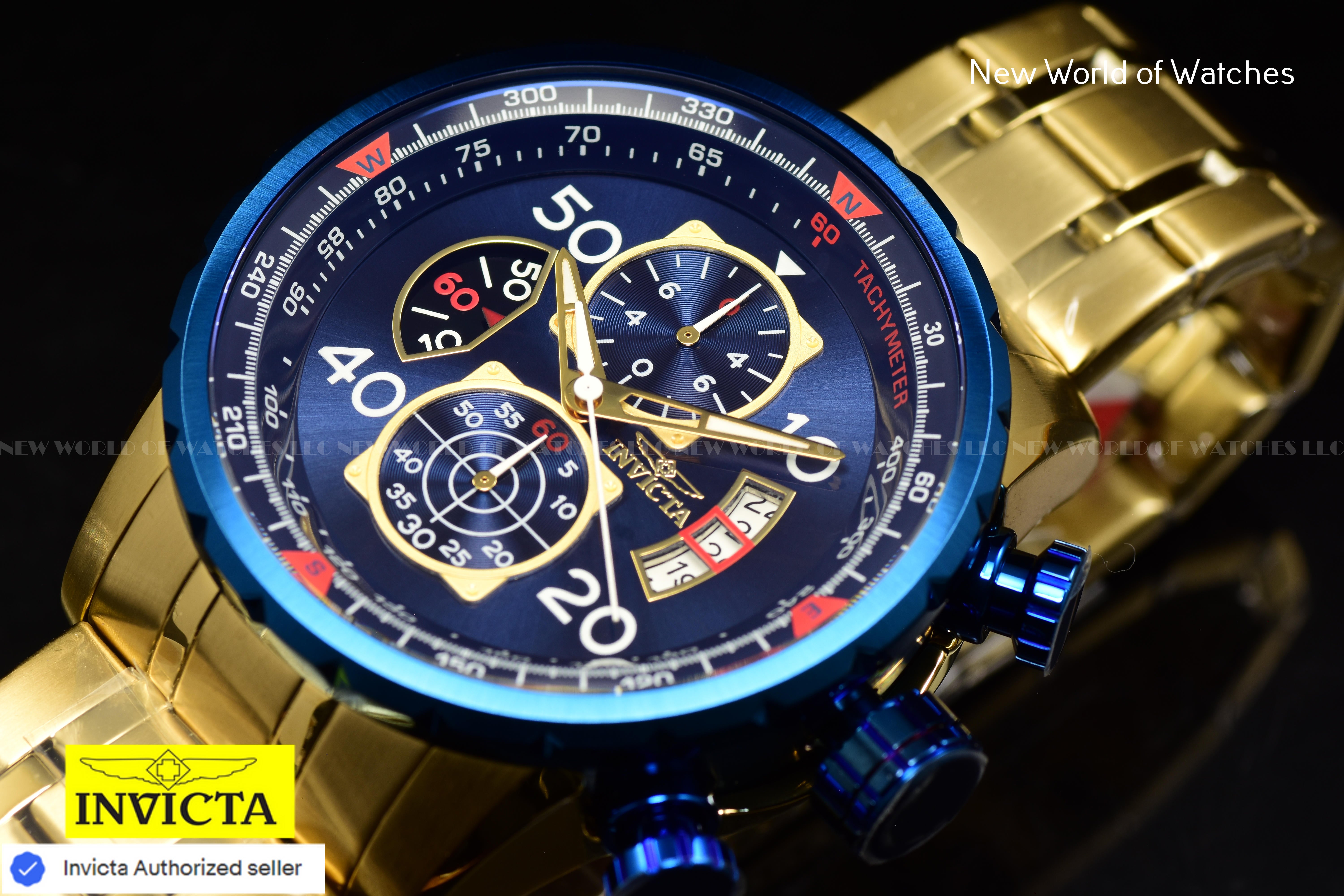 Invicta Men's AVIATOR Chronograph Quartz Blue Dial 48mm SS Gold Watch